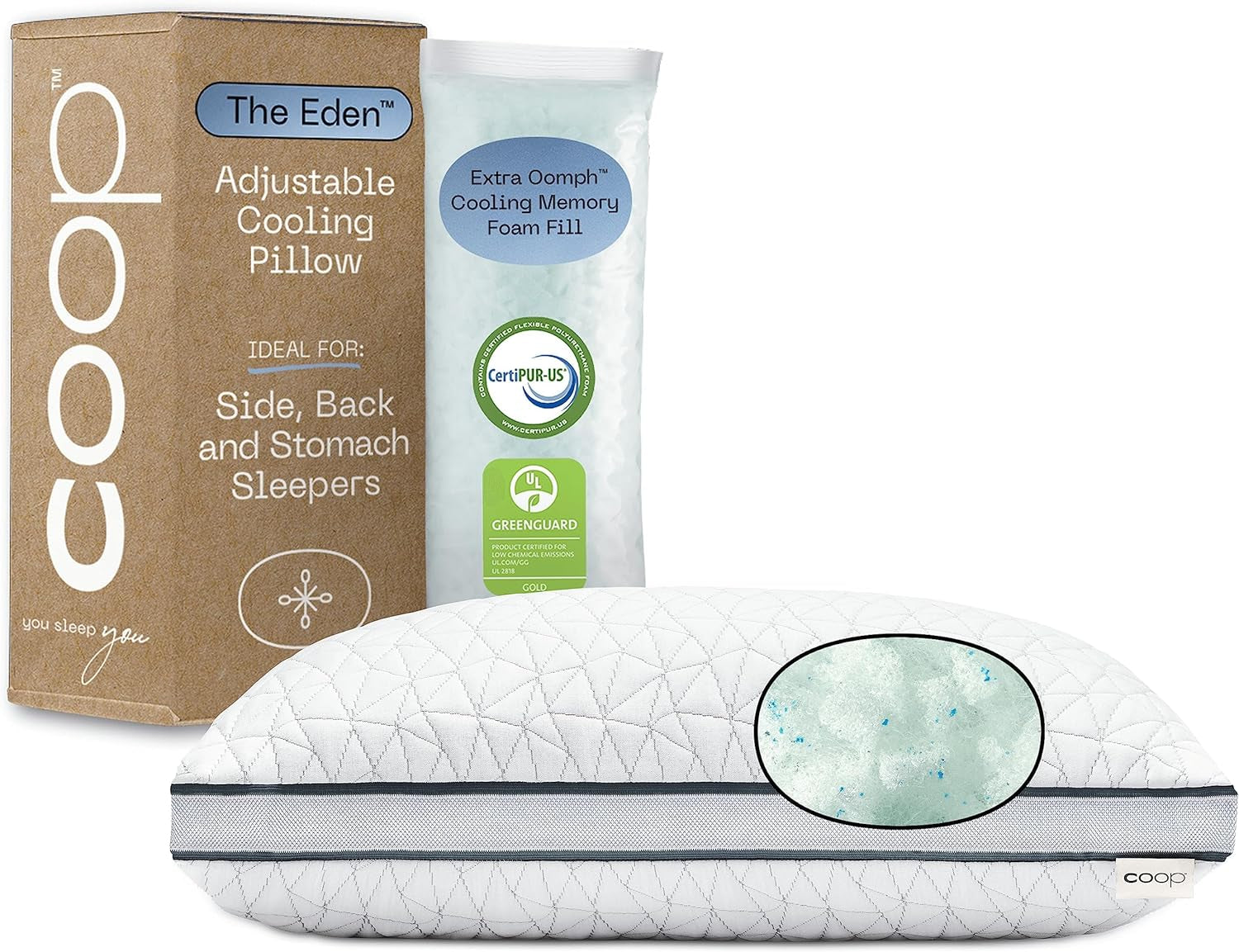 Coop Home Goods Eden Cool Almohada ajustable Tamaño King Espuma viscoelástica con gel ajustable Tela Lulltra suave y transpirable Ideal para todos los que duermen Respetuoso con el medio ambiente Naty Shop Almohadas estándar Título predeterminado