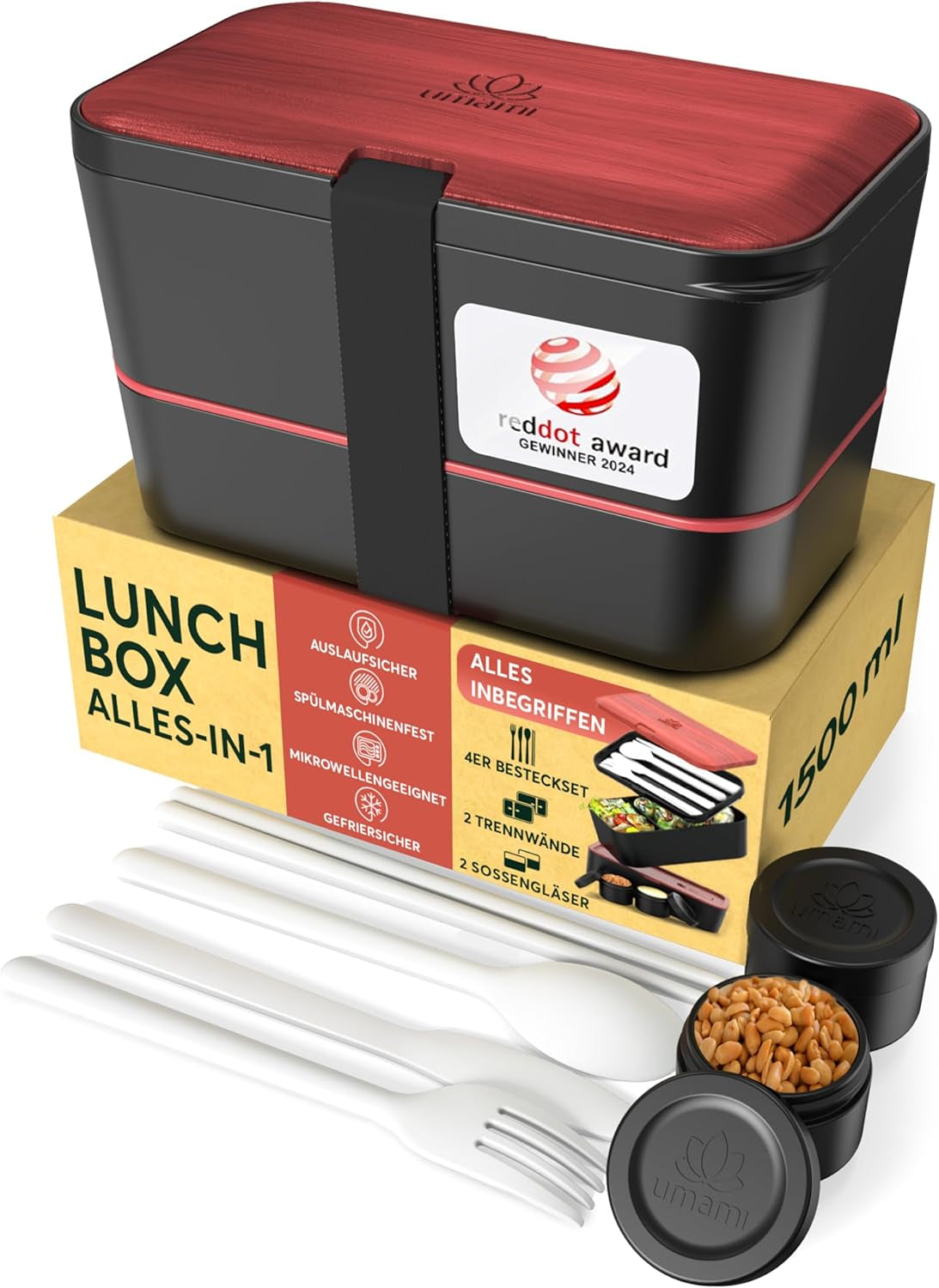Umami Fiambrera para Adultos, Fiambrera Bento Apilable a Prueba de Fugas con 4 Cubiertos y Compartimentos, Fiambrera para Adultos, Ensalada para Llevar, Fiambrera para Picnic/Escritorio, Gris Antracita, 1500ml Naty Shop Cajas de Almacenamiento de Alimentos Palisandro Negro L - 1500ml Apilables Una Dentro De Otra