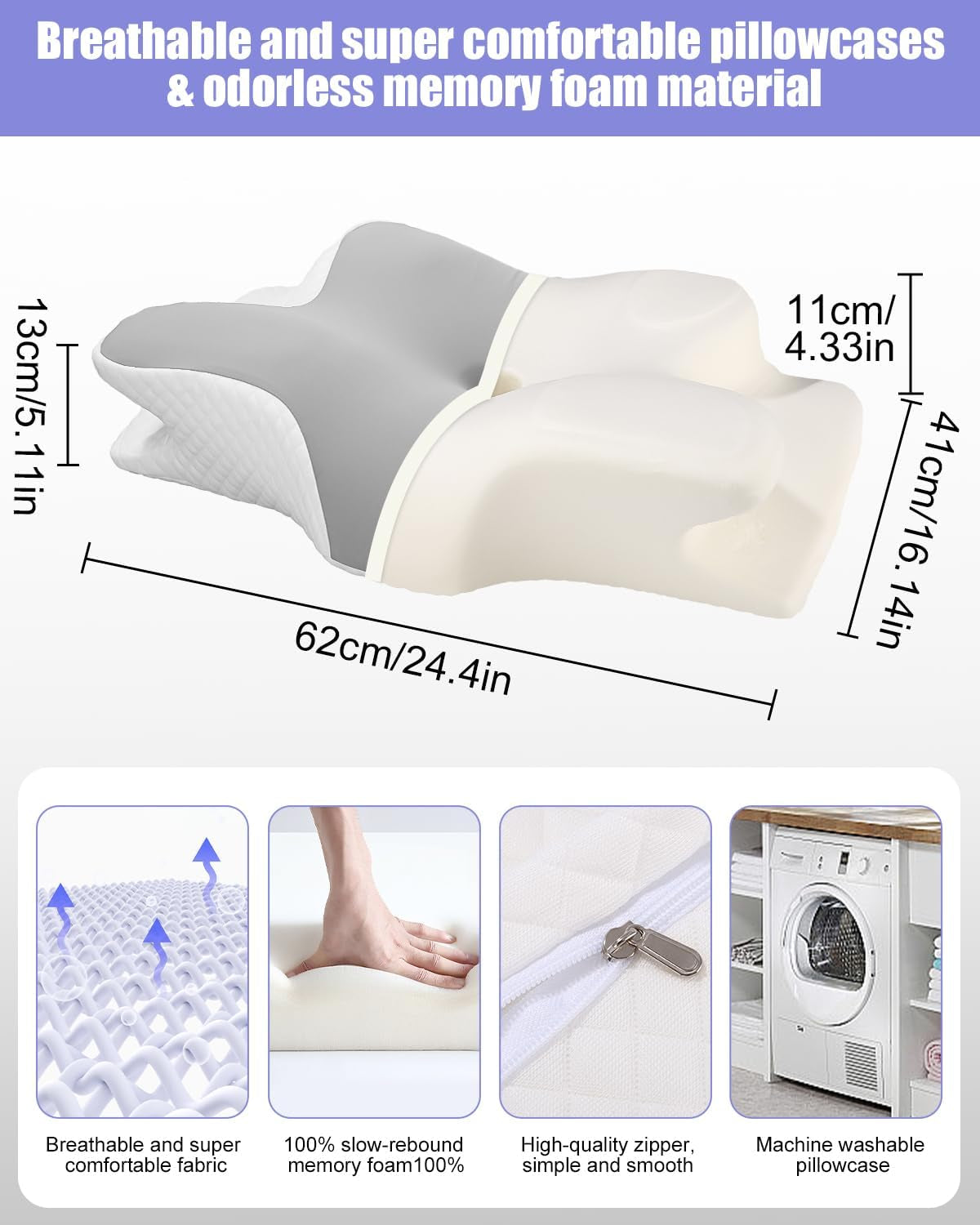 Almohada para el cuello, almohada de apoyo lateral, almohada de espuma viscoelástica, almohada ortopédica, almohada ergonómica de apoyo para el cuello para un soporte óptimo Almohada de apoyo lateral para la espalda y el estómago (62 x 41 x 13 cm) Almohadas ortopédicas cervicales Naty Shop