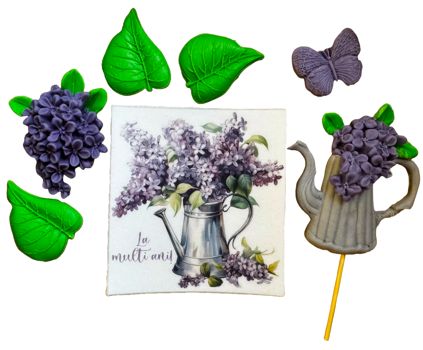 Set de 7 adornos comestibles en pasta de azúcar, Flores lilas Adornos en pasta de azúcar Nati Shop