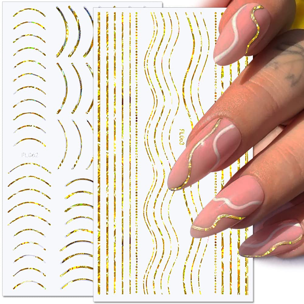 12 hojas de pegatinas autoadhesivas para uñas con líneas de brillo láser, pegatinas holográficas, pegatinas para uñas con rayas de bronce, líneas francesas, lazos curvos, líneas onduladas, pegatinas para uñas, accesorios para decoración de uñas