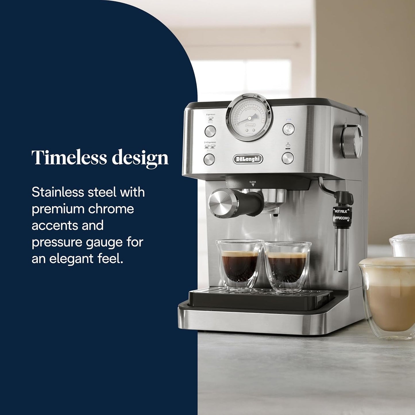 De'Longhi Classic EM450.M Cafetera espresso con filtro portátil y espumador de leche profesional, carcasa totalmente metálica, 15 bar, depósito de agua de 1,7 l, acero inoxidable/metal