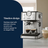 De'Longhi Classic EM450.M Cafetera espresso con filtro portátil y espumador de leche profesional, carcasa totalmente metálica, 15 bar, depósito de agua de 1,7 l, acero inoxidable/metal