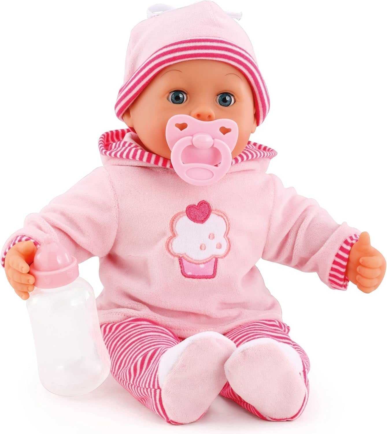 Muñeca Primeras Palabras con Ojos Soñolientos Habla 24 Sonidos de Bebé con Muñeco y Biberón 38cm Rosa/Rayas Naty Shop Muñecas Individuales