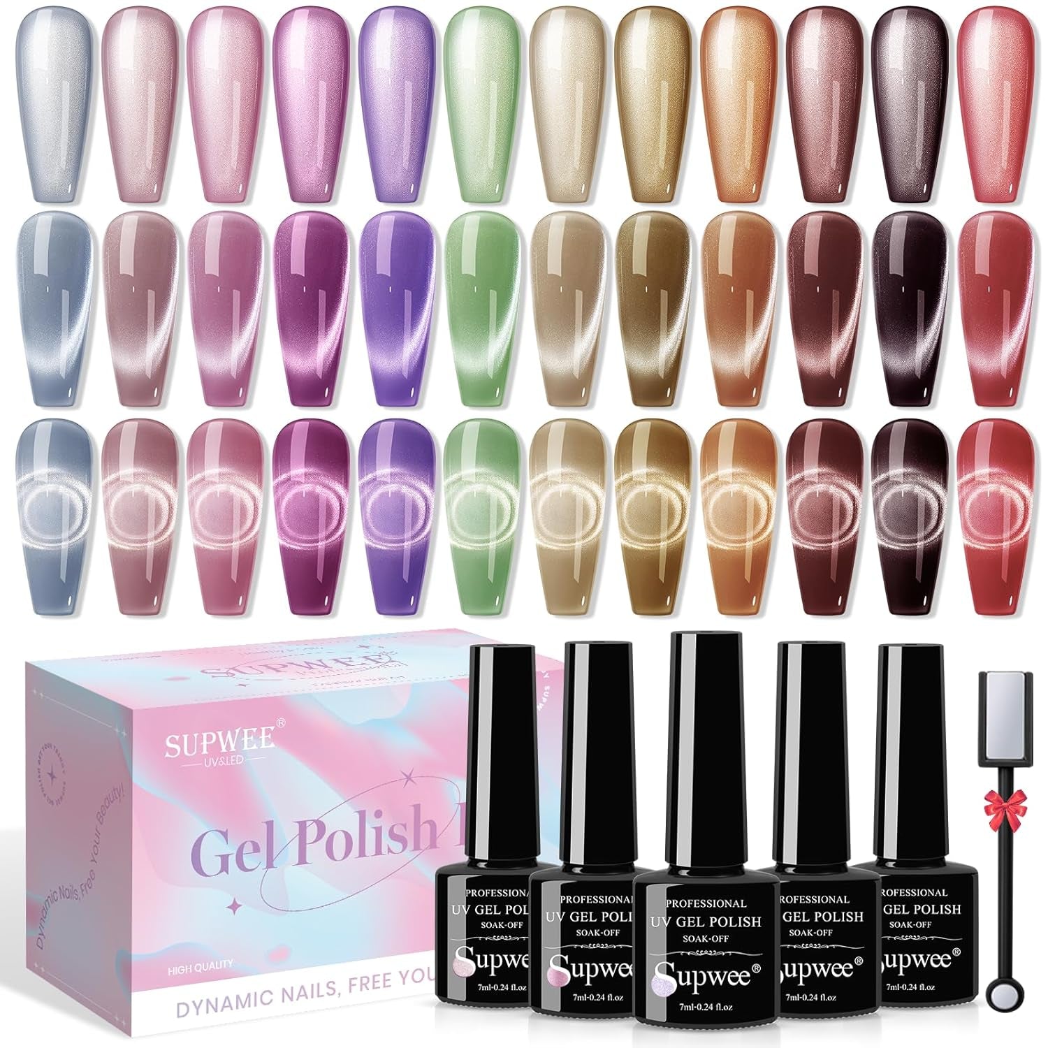 SUPWEE Herramienta de imán de uñas 5 en 1, imán de ojo de gato rosa para uñas multifunción, imán magnético 3D DIY Magic Stick Pen Set Nail Art Magnet Stick para Nail Art Diy-Zubehör