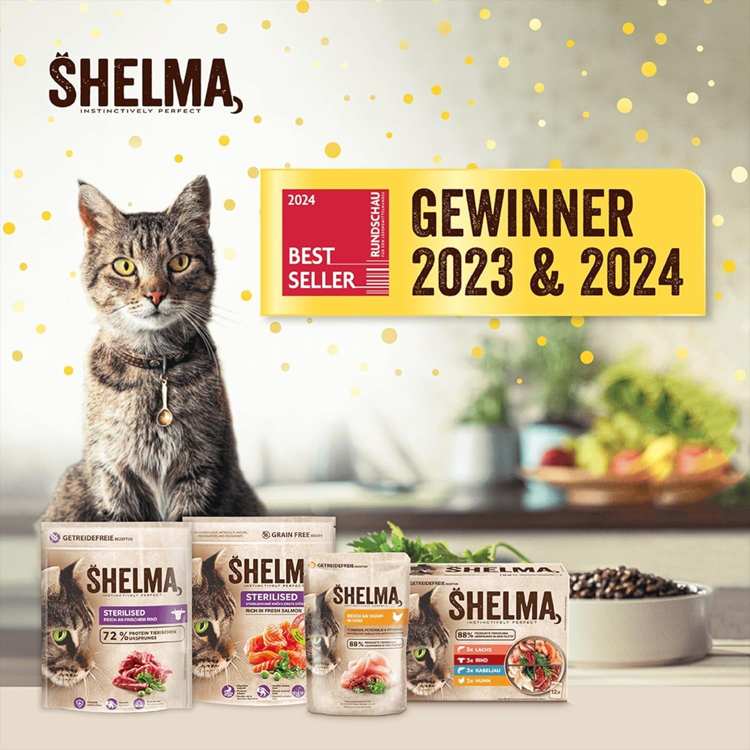 Shelma Comida húmeda para gatos con pavo en salsa de tomate y hierbas - Alimento completo sin cereales con alto contenido en carne - 28 x 85 g (2,38 kg)