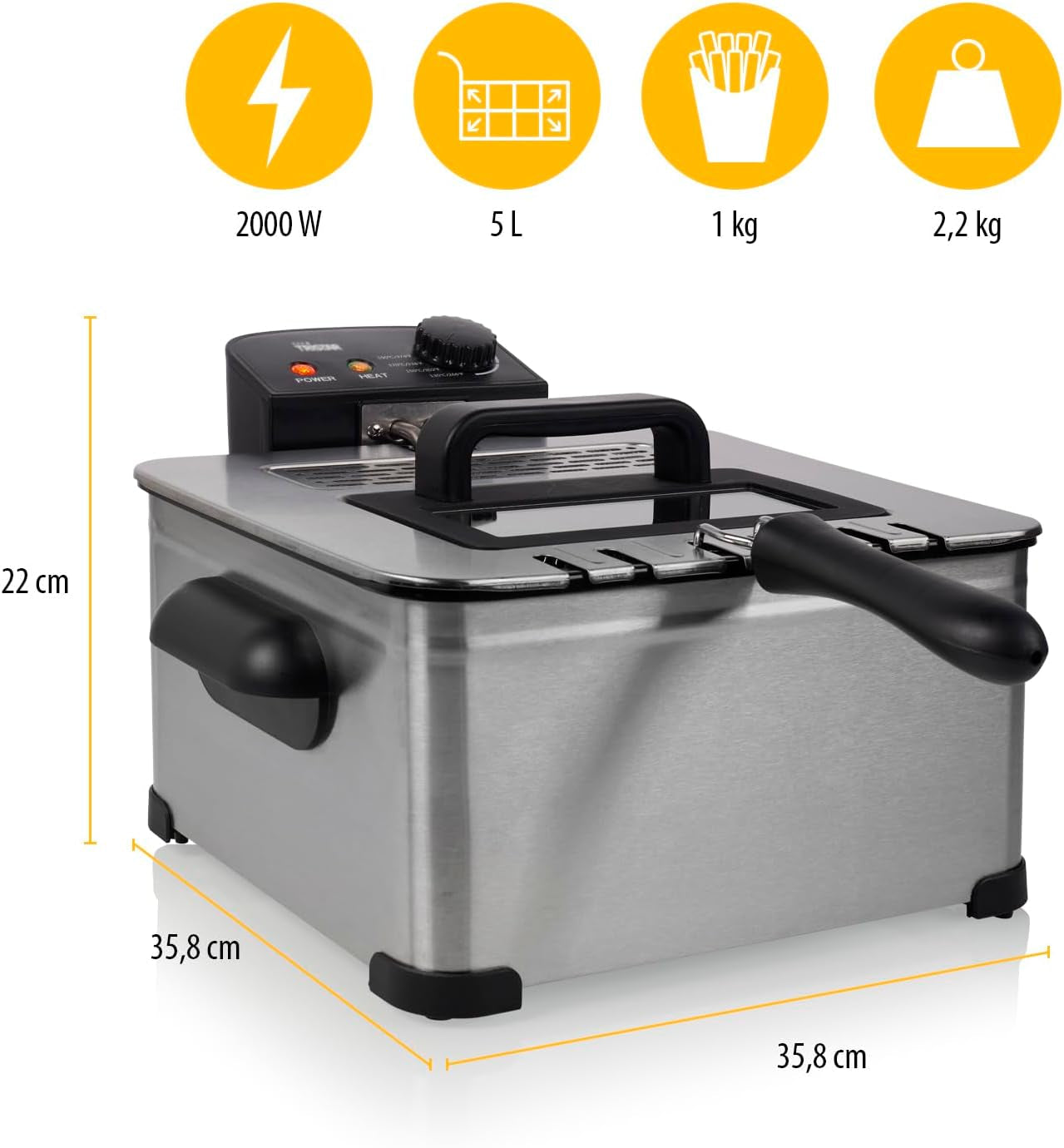 Freidora Tristar, 1 cestillo grande y 2 cestos pequeños, termostato regulable, zona de enfriamiento, 5 litros, 2000 W, FR-6949 Electrodomésticos Naty Shop