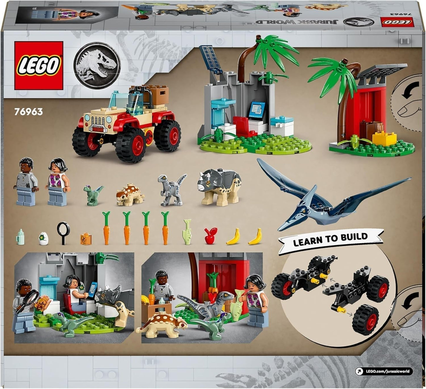 LEGO Jurassic World Centro de rescate para bebés dinosaurios, set con pequeñas figuras de dinosaurios, incluidos Triceratops, Ankylosaurus y Velociraptor, regalo de construcción para niños y niñas a partir de 4 años 76963 Juegos de construcción Besuche den LEGO-Store