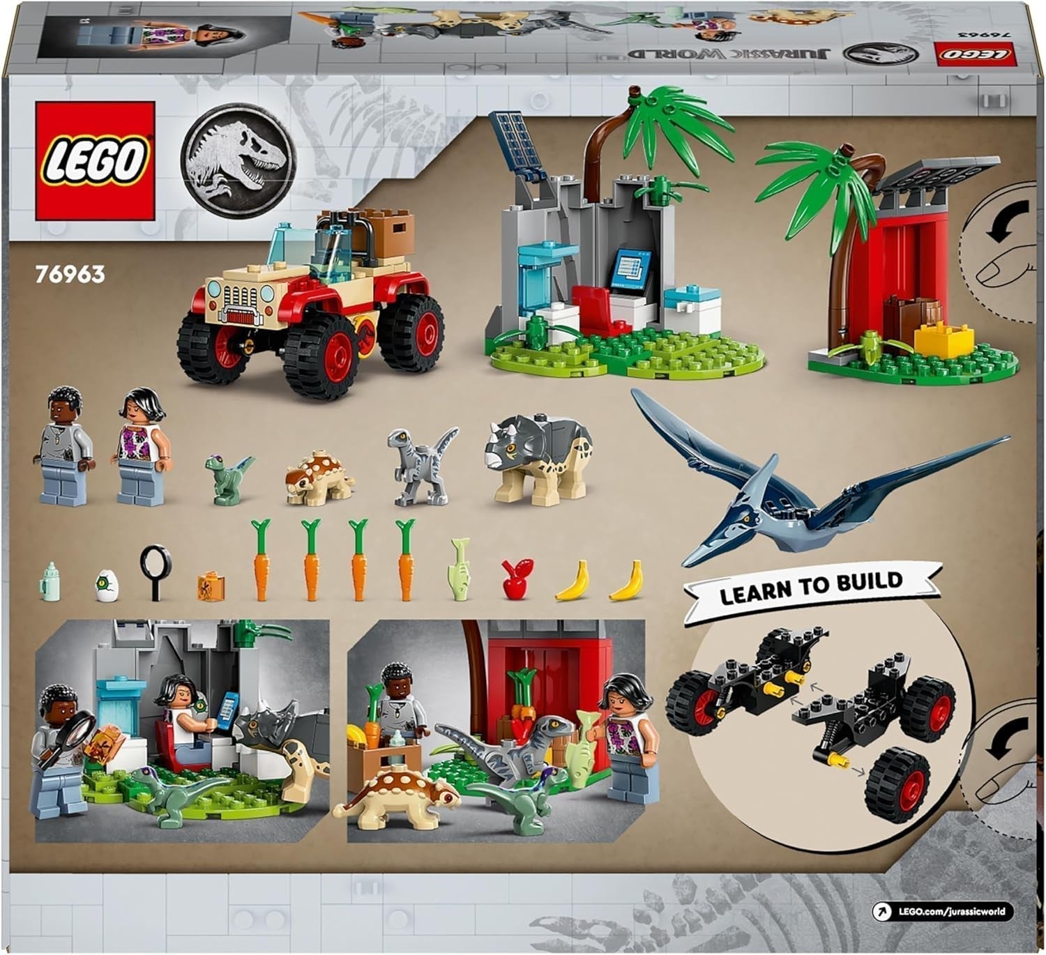 LEGO Jurassic World Centro de rescate para bebés dinosaurios, set con pequeñas figuras de dinosaurios, incluidos Triceratops, Ankylosaurus y Velociraptor, regalo de construcción para niños y niñas a partir de 4 años 76963 Juegos de construcción Besuche den LEGO-Store