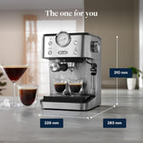 De'Longhi Classic EM450.M Cafetera espresso con filtro portátil y espumador de leche profesional, carcasa totalmente metálica, 15 bar, depósito de agua de 1,7 l, acero inoxidable/metal