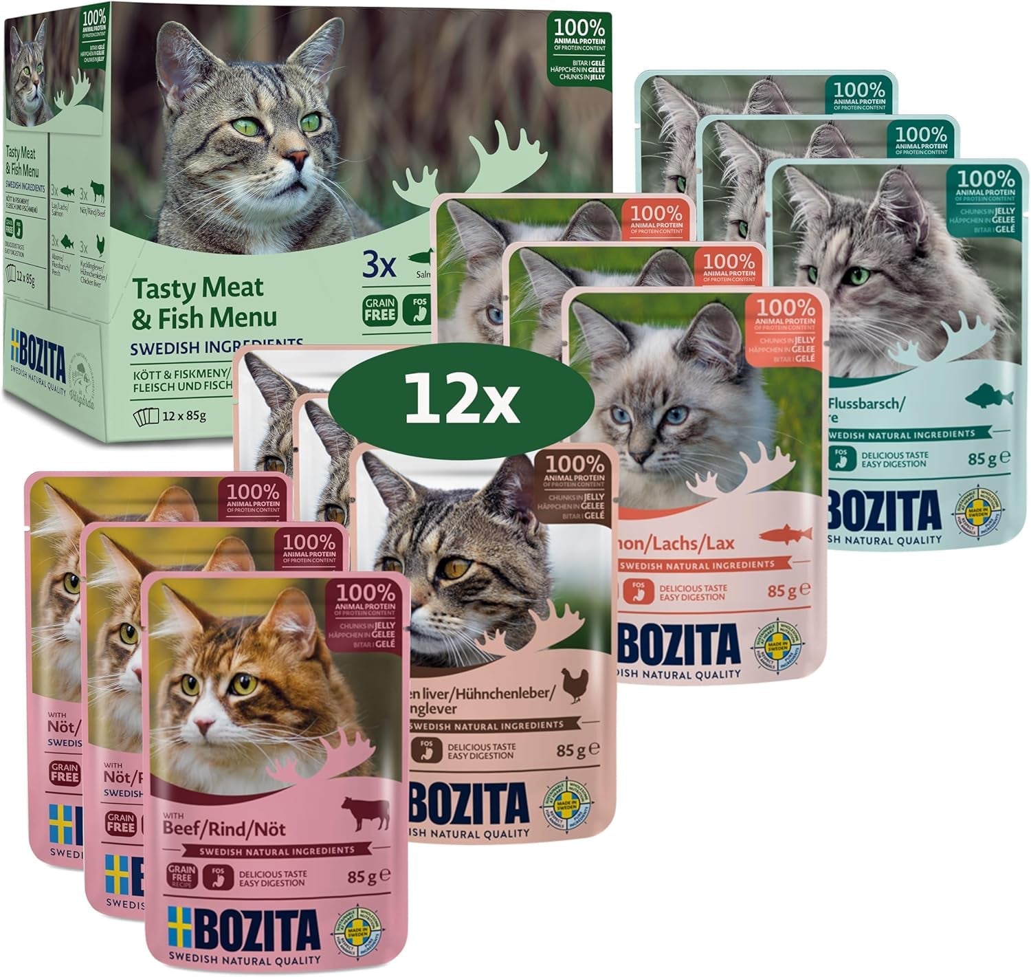 Bozita Comida húmeda en trozos en gelatina con pescado y carne - 12 sobres x 85g, comida para gatos sin cereales ni trigo - Comida húmeda para gatos adultos con 8,5% de proteínas y 4,5% de grasas