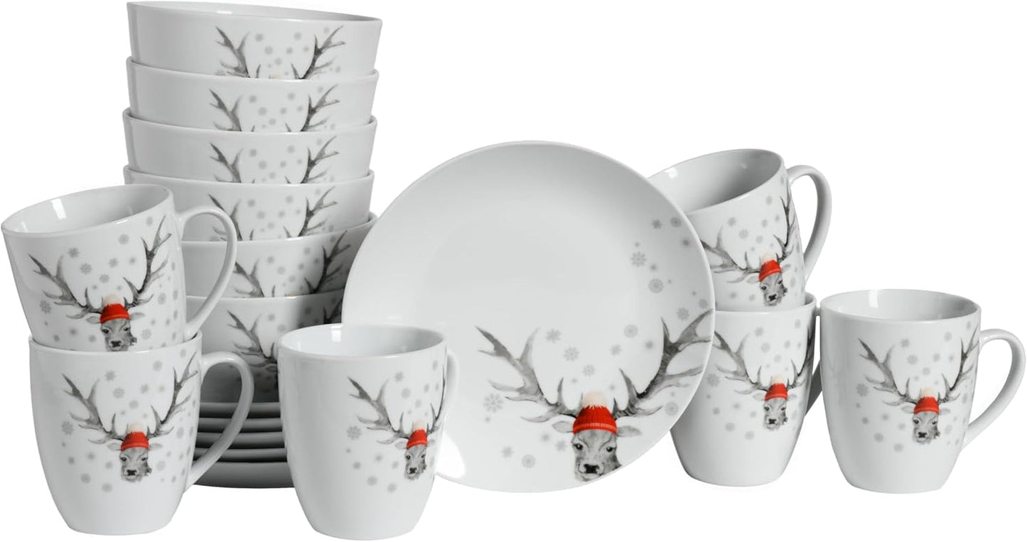CreaTable, 21498, Serie Luna Hirsch, Vajilla de 18 piezas para 6 personas, Juego de desayuno de porcelana, Apto para lavavajillas y microondas, Fabricación de calidad