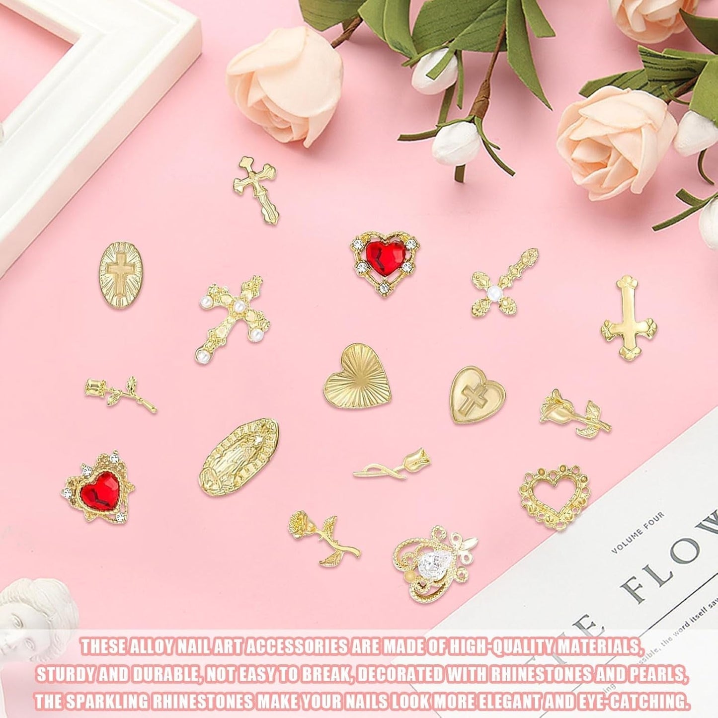 Dijes de uñas dorados, 80 piezas, cruz, corazón de rosa, gemas de uñas de la Virgen María, accesorios de uñas de aleación de metal para decoraciones de diseño de manicura, manualidades DIY