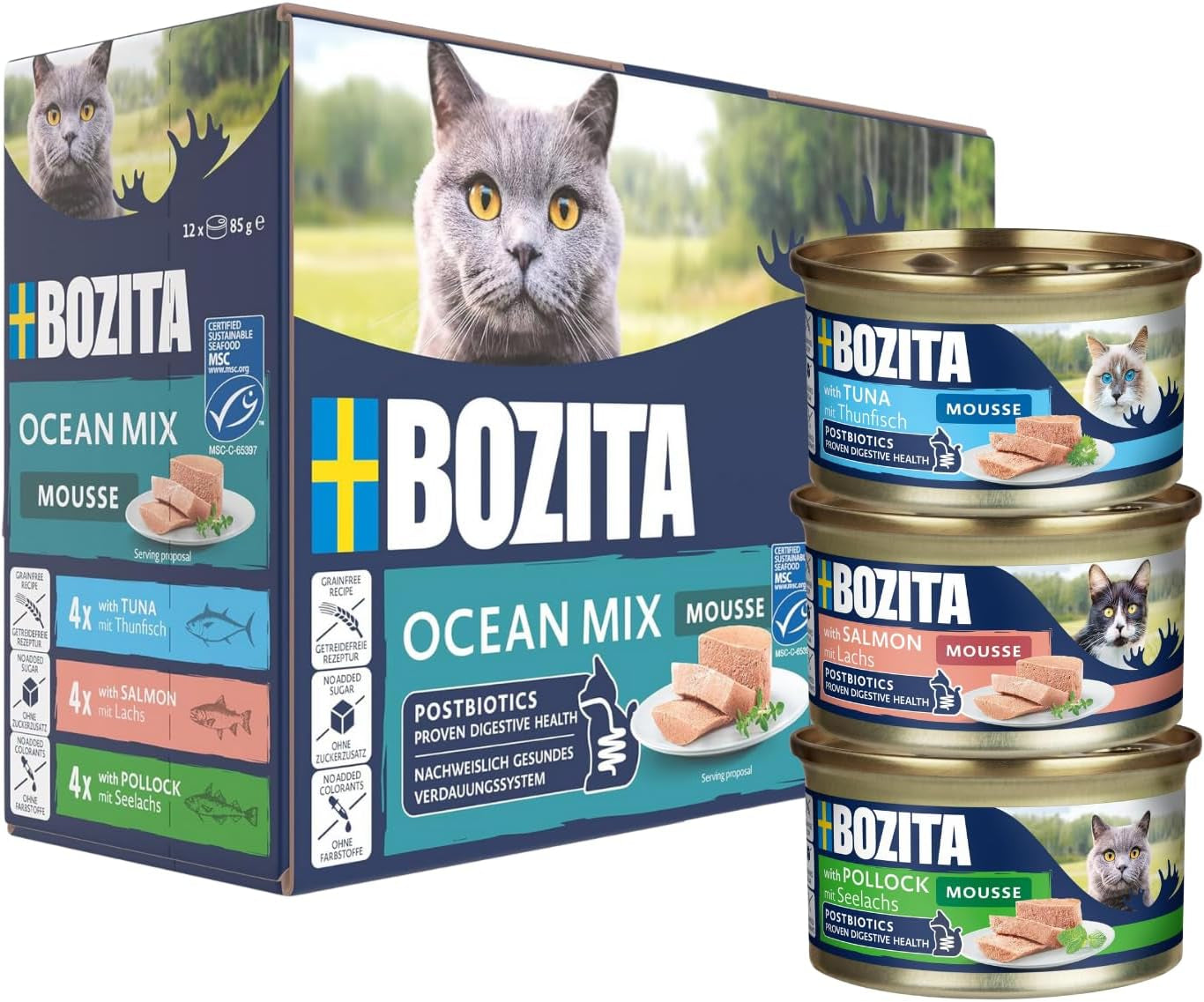 Bozita Mousse Ocean Mix - 12 x 85 g comida húmeda para gatos con atún, salmón o bacalao amarillo - sin cereales, sin azúcar y colorantes artificiales - con postbióticos para una flora intestinal saludable