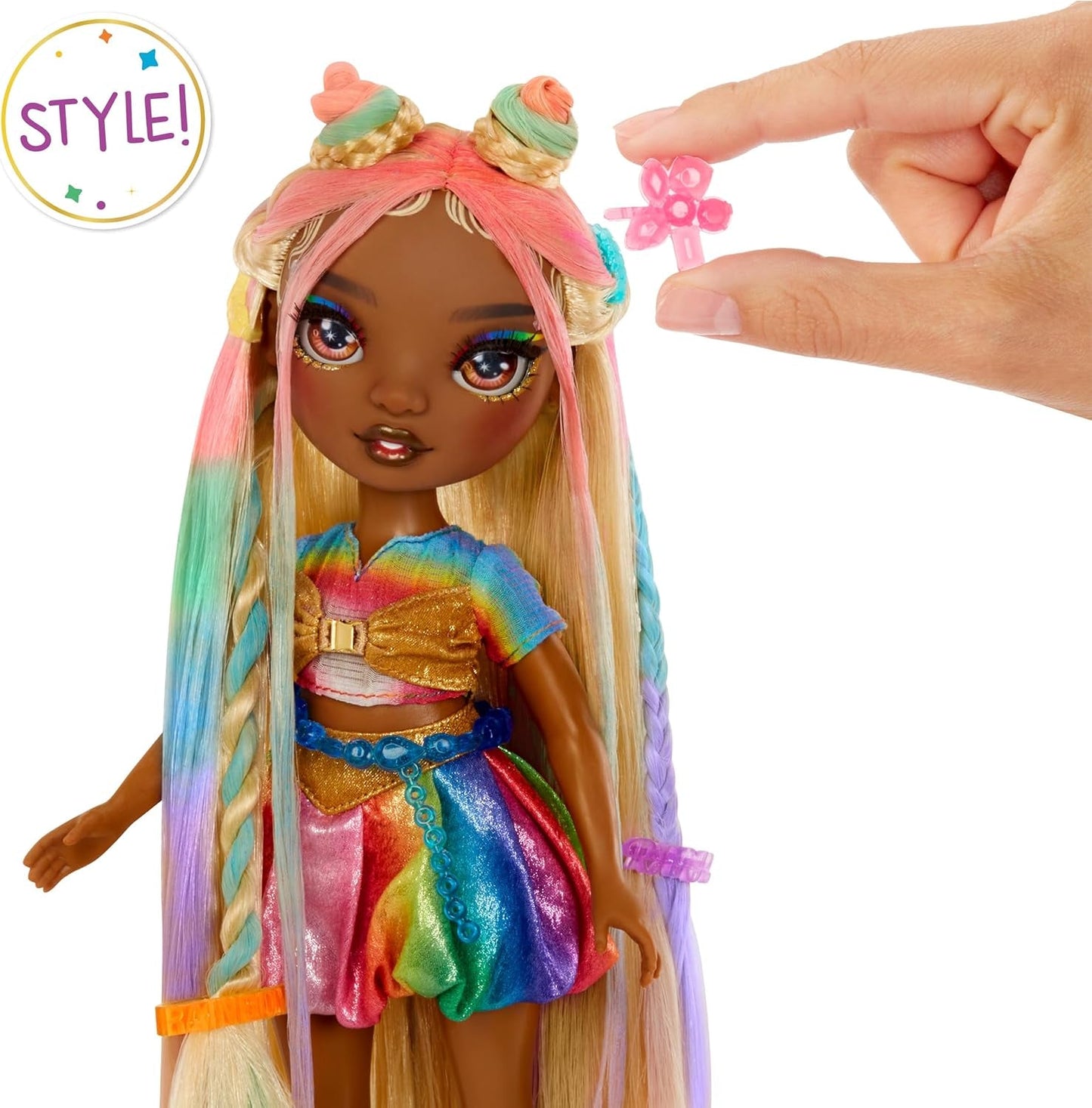 Muñeca Rainbow High Hair Chalk & Styling - Meline - Muñeca de 28 cm con tiza para el cabello lavable arco iris y oro, colorear, peinar, jugar, enjuagar y repetir, para niños de 4 a 12 años