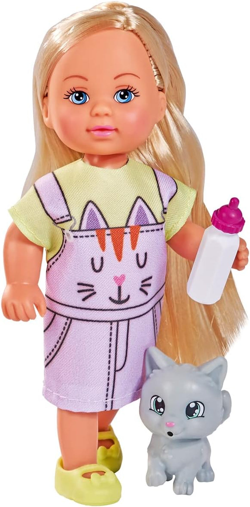 Simba 105733591 - Evi Love Kitty 2 maneras de combinar solo UN artículo Se enviará muñeca con lindo vestido de gato con gatitos y botella para beber Muñeca de juego de 12 cm a partir de 3 años
