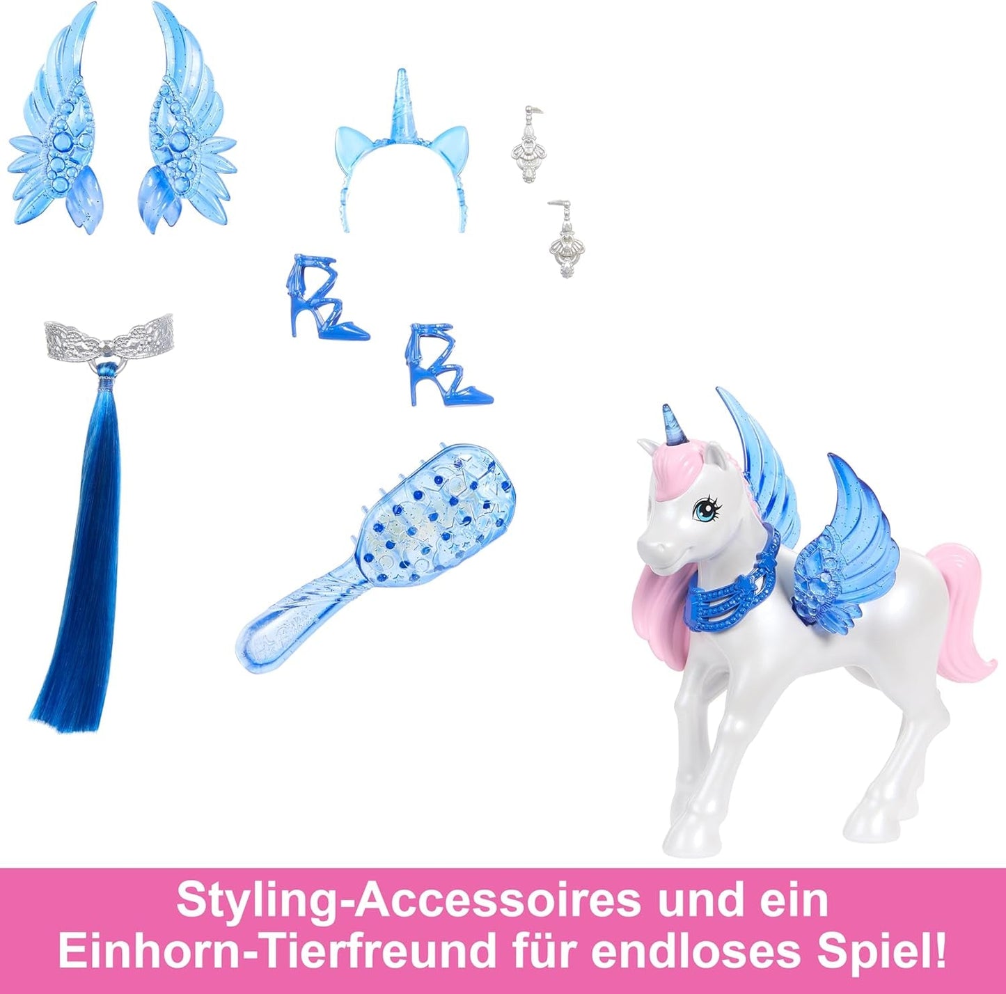 Barbie Hidden Magic - Muñeca Unicornio, Vestido Rosa con Detalles Azul Zafiro, Diadema de Unicornio, Alas y Cola de Zafiro Desmontables, Edades de 3 años en adelante, HRR16