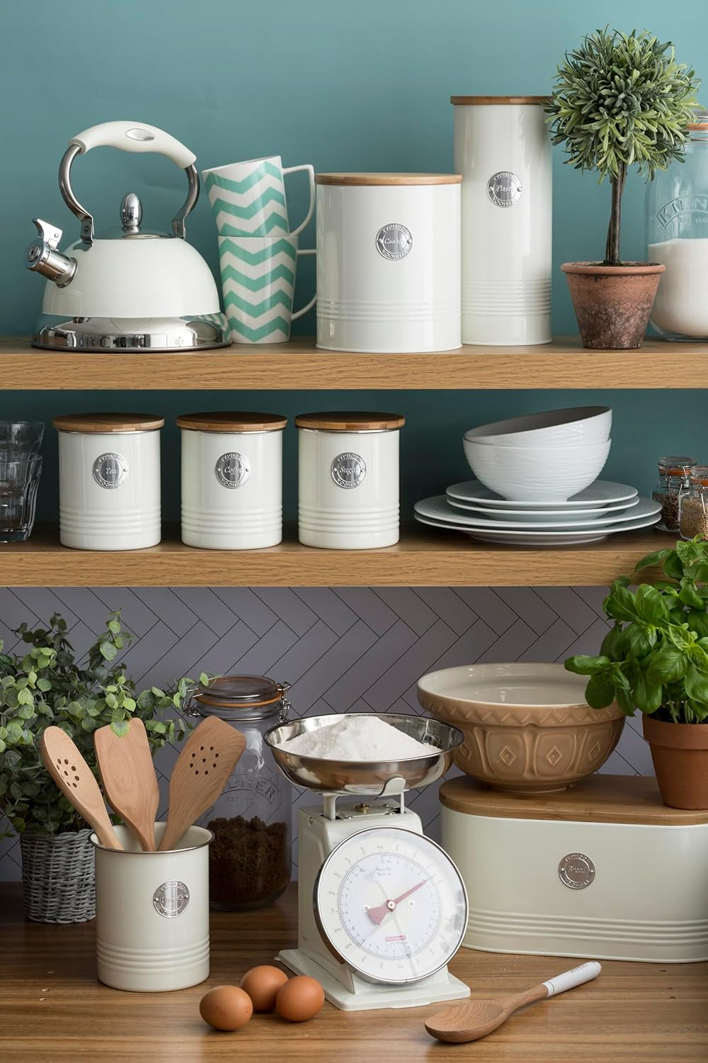 Colección LIVING, azucarero con tapa | pastel crema | caja de almacenamiento 1 L cocina para azúcar | azucarero de acero con tapa | Tarros herméticos de bambú con tapa Naty Shop Cajas de almacenamiento de alimentos
