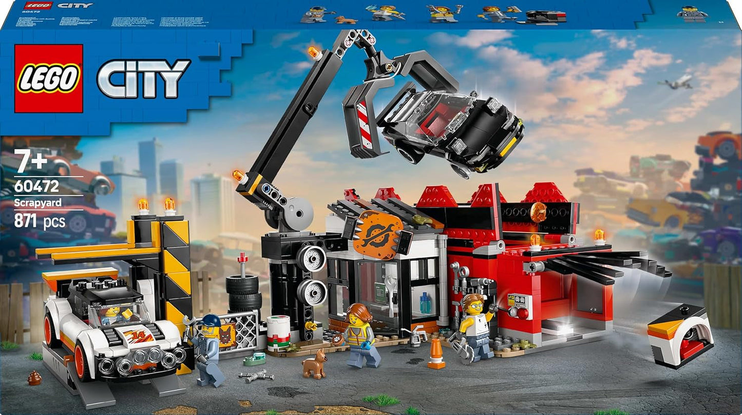 Depósito de chatarra con coches LEGO City - juguete con prensa de chatarra y grúa, 2 coches de juguete, 4 minifiguras funcionales y edificio de oficinas - regalos de cumpleaños para niños y niñas a partir de 8 años 60472 Besuche den LEGO-Store sets de construcción