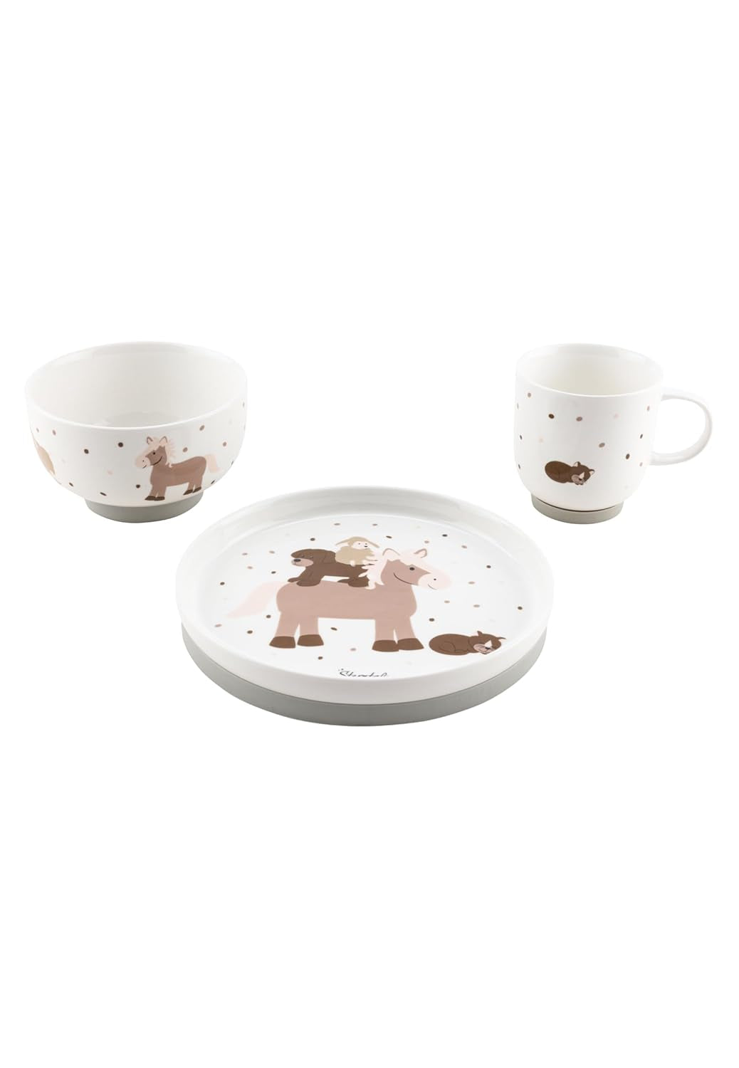 Sterntaler Vajilla de Porcelana Diseño Rústico - Vajilla con Base de Silicona Antideslizante y Desmontable - Vajilla para Bebés y Niños con Plato, Cuenco de 400ml y Taza de 200ml, Blanco