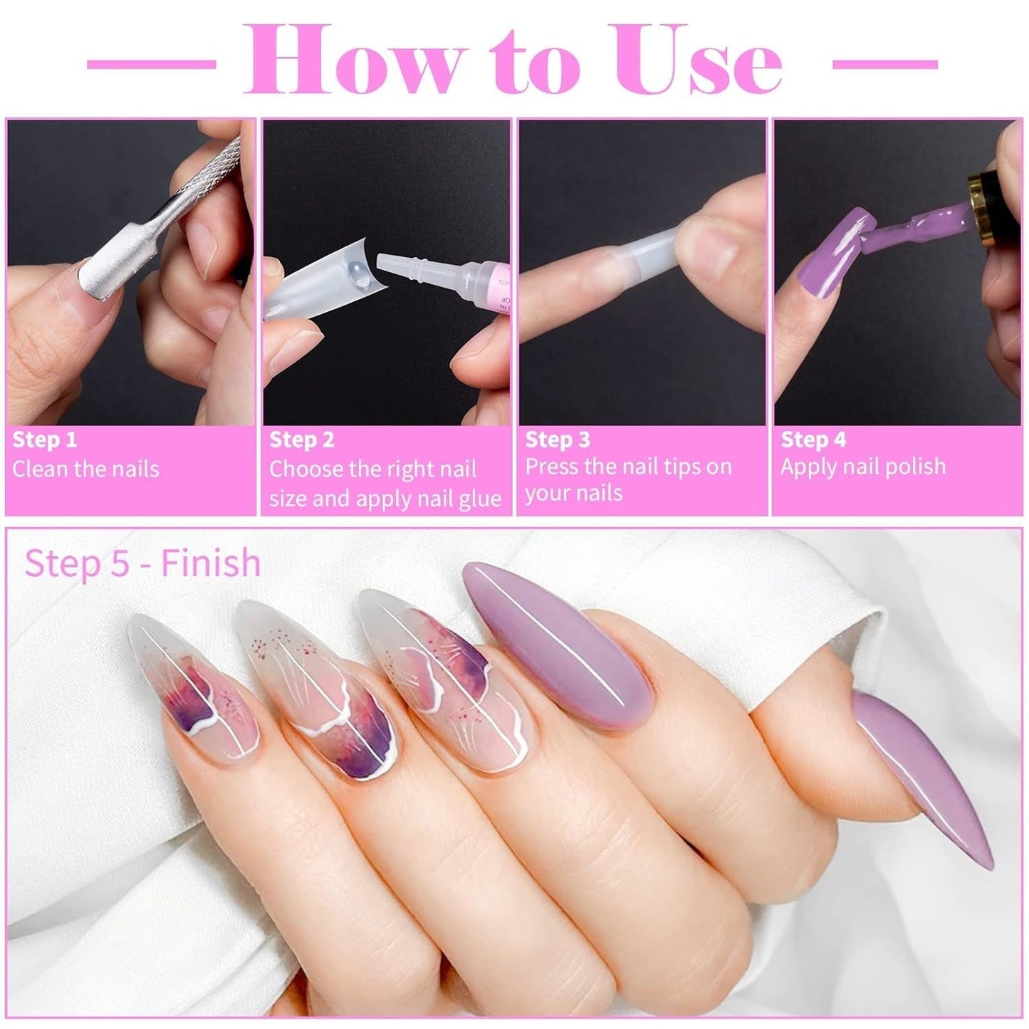 500 puntas de uñas artificiales francesas, juego de puntas de uñas postizas acrílicas, extensiones de uñas, puntas de uñas, accesorios de uñas postizas con 4 piezas de pegamento para diseño de uñas, uñas de gel naturales
