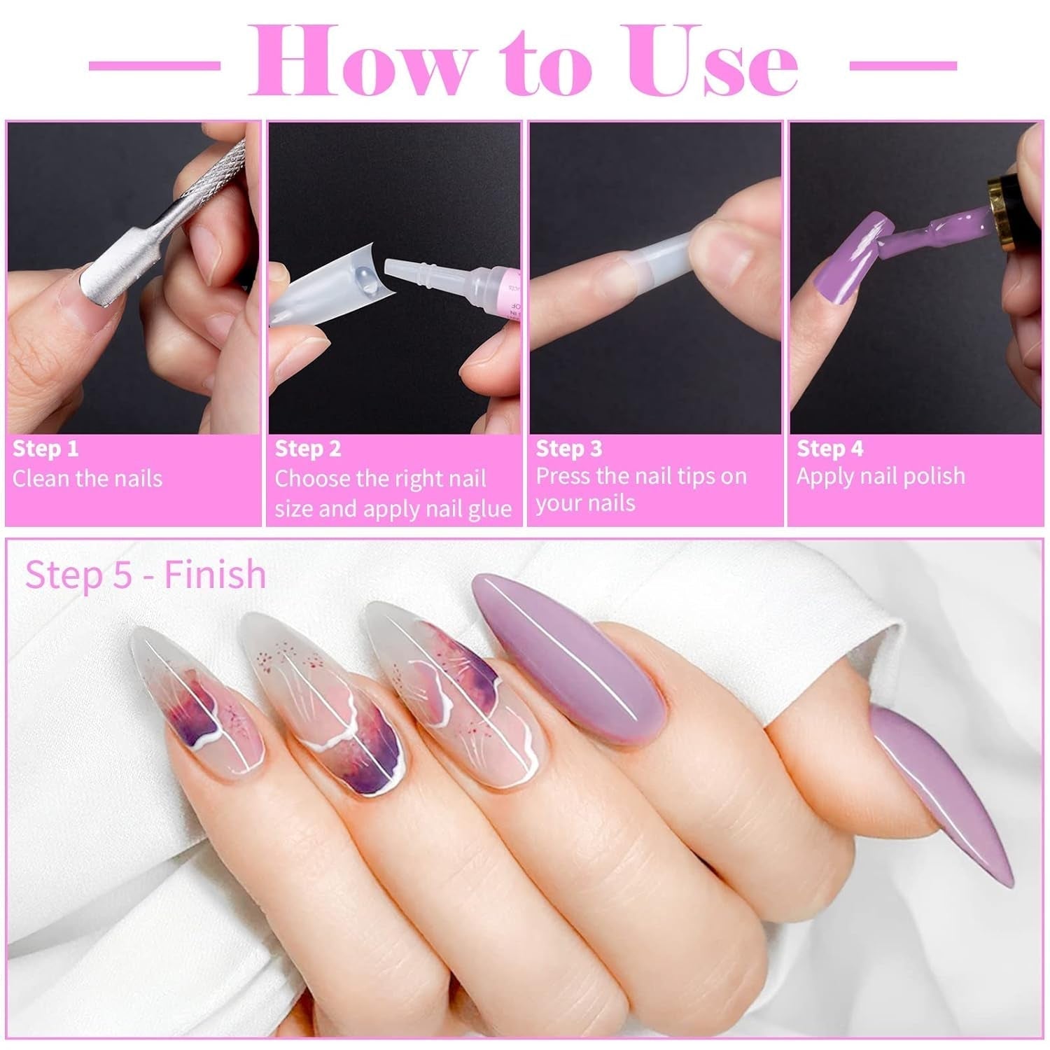 500 puntas de uñas artificiales francesas, juego de puntas de uñas postizas acrílicas, extensiones de uñas, puntas de uñas, accesorios de uñas postizas con 4 piezas de pegamento para diseño de uñas, uñas de gel naturales