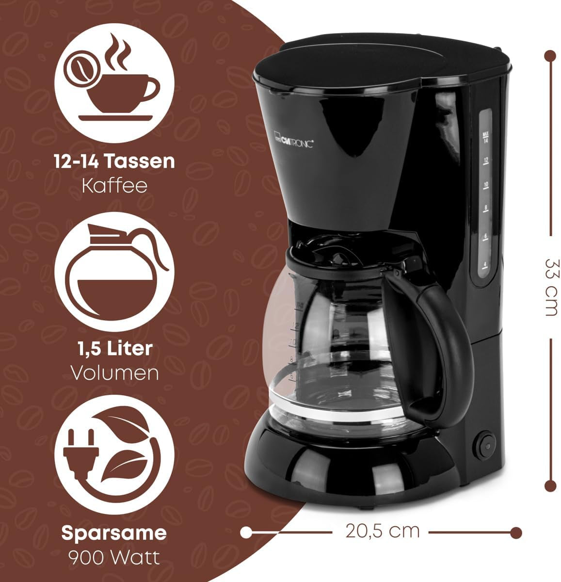 Máquina de café expreso Clatronic® | Cafetera espresso automática para 12-14 tazas (aprox. 1,5 litros) | Cafetera espresso con filtro y sistema antigoteo | 900W | Cafetera espresso KA 3473 Negra