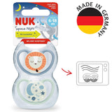 Chupetes NUK Noche Espacial | 6-18 meses | Chupetes con ranuras de ventilación extra grandes, brillan en la oscuridad | Silicona sin BPA | Zorro y Mariquita | Paquete de 2