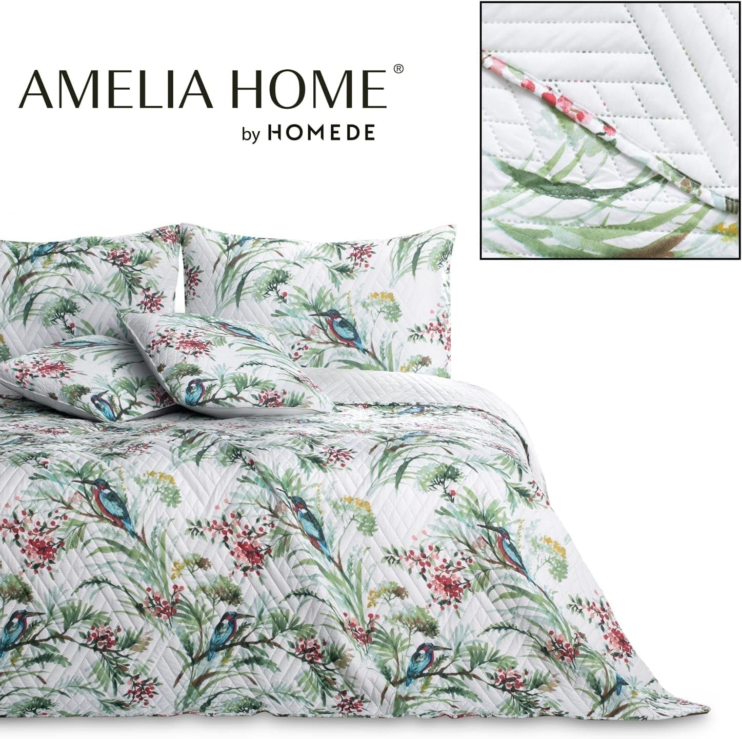 Ameliahome Colcha Colcha 260X280 Cm Acolchado De Doble Cara De Fácil Cuidado Estampado De Plantas Estampado De Pájaros Kingfisher Multicolor Camas Y Mantas Besuche den AmeliaHome-Store