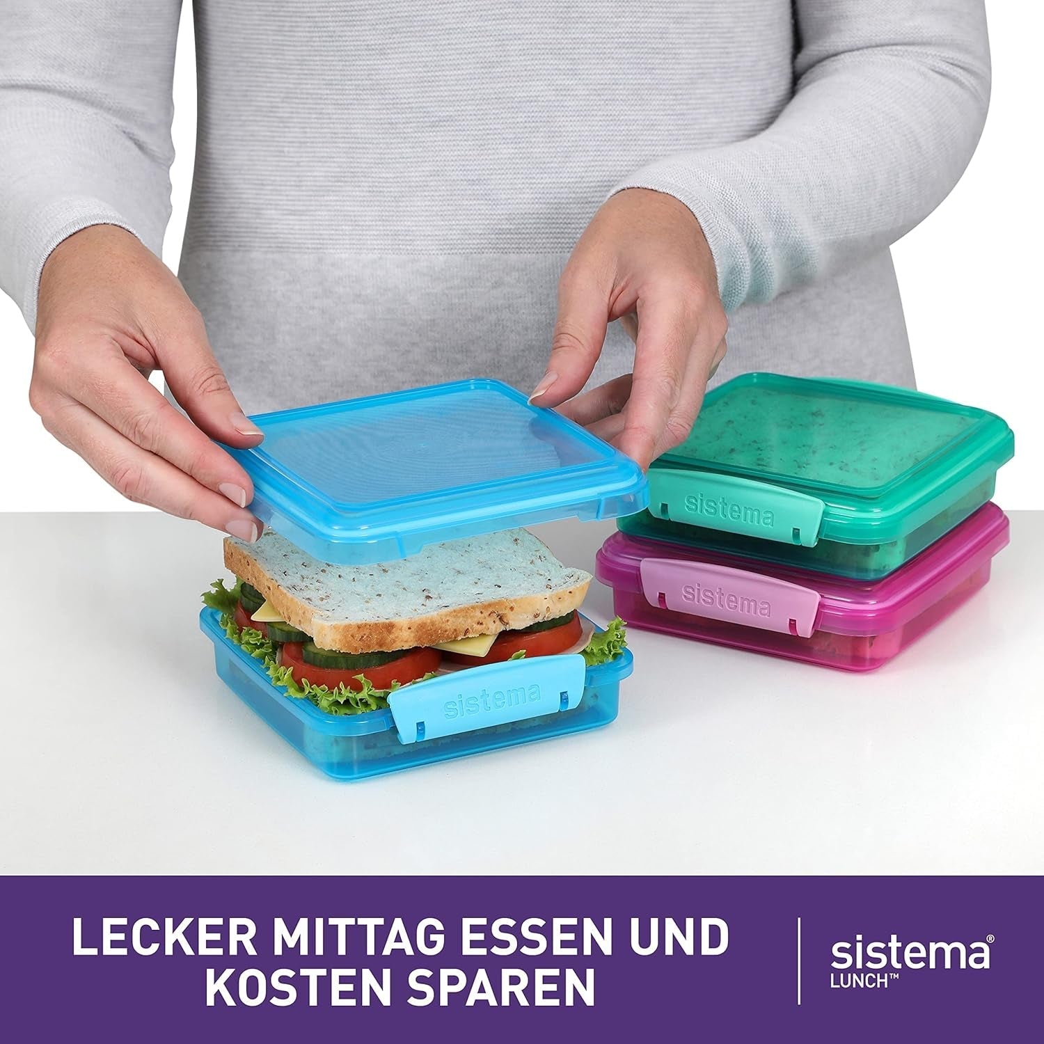 Sistema de caja sándwich para lonchera | 450ml | lonchera apilable y hermética con tapa | para niños y adultos | sin BPA | colores mezclados | Cajas de almacenamiento de alimentos Naty Shop de 3 piezas