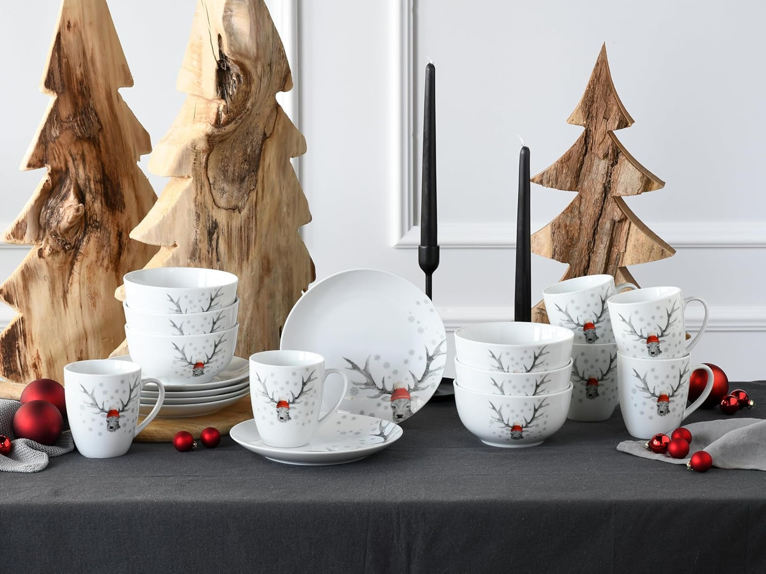 CreaTable, 21498, Serie Luna Hirsch, Vajilla de 18 piezas para 6 personas, Juego de desayuno de porcelana, Apto para lavavajillas y microondas, Fabricación de calidad