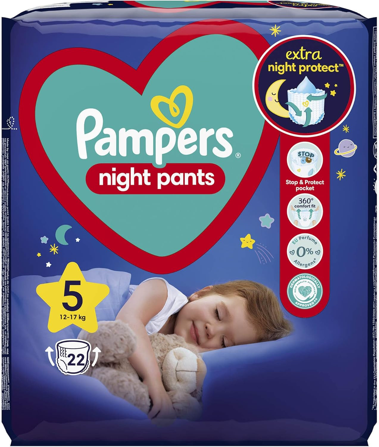 Pañales Pampers (versión antigua), pantalones de noche, talla 5, 22 piezas, 12 kg-17 kg