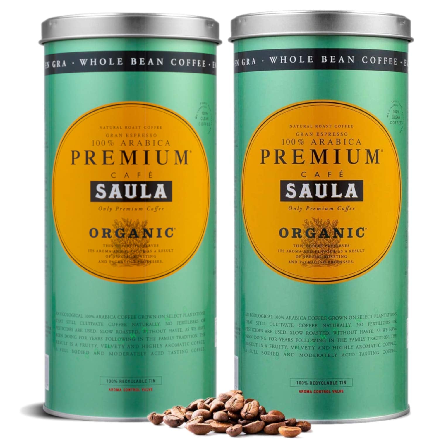Café Saula premium en grano, paquete de 2 cajas x 500g. 100% Arábica orgánico