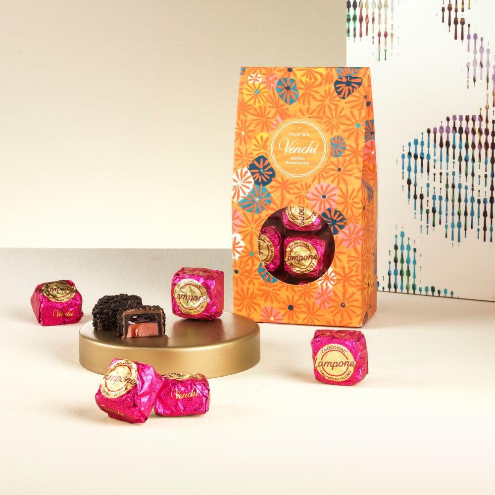 Venchi - Caja de regalo de praliné de chocolate y frambuesa Murrine, chocolate negro, 288 g, sin gluten, sin colorantes artificiales, sin conservantes - Idea de regalo perfecta