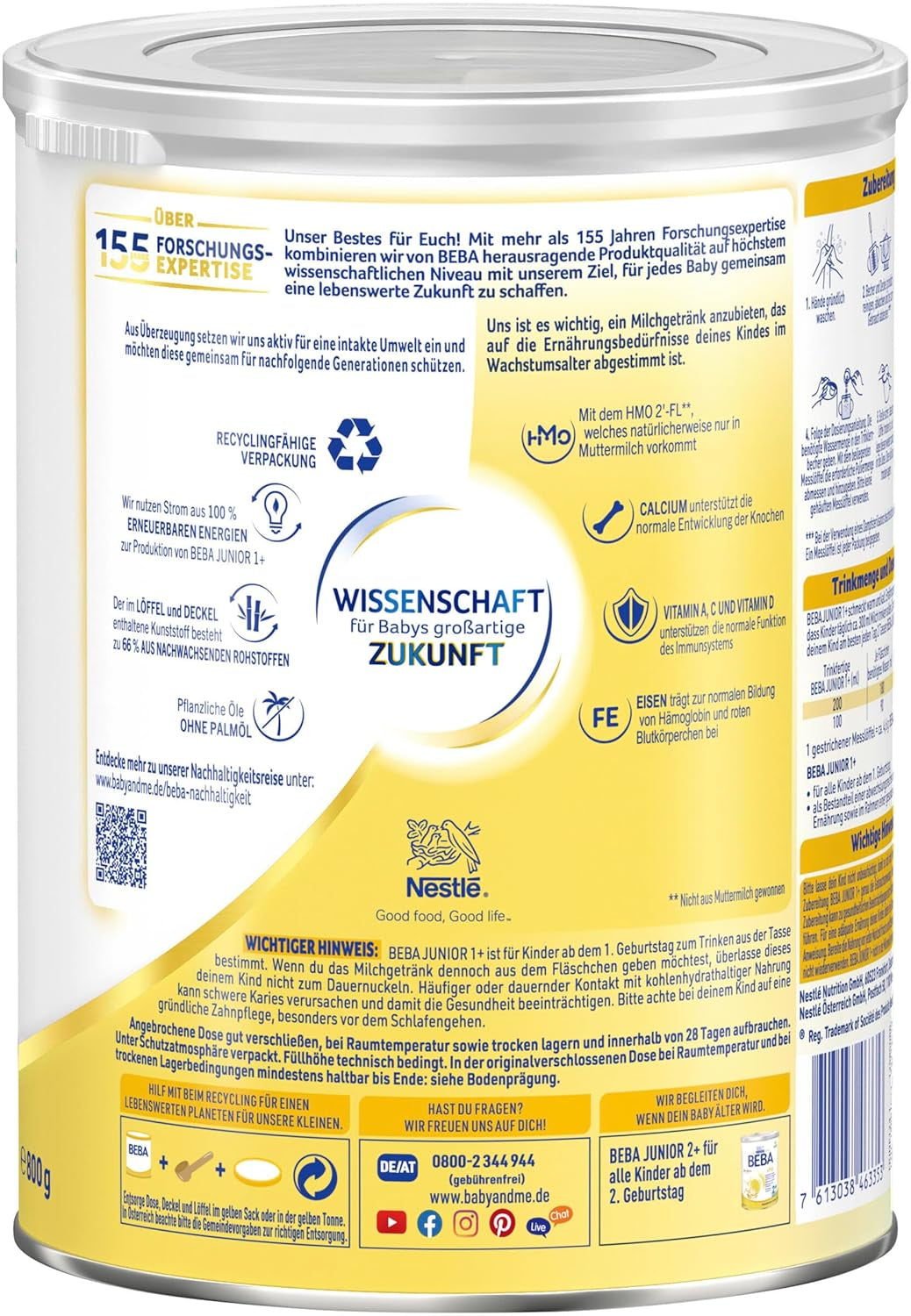 BEBA Junior 1+ bebida láctea a partir de 1 año, Con HMO, Contenido de proteínas apropiado para la edad, Solo lactosa, Sin aceite de palma, Sin aceite de pescado, Comida para niños pequeños, Leche en polvo para bebés, Paquete de 6 (6 x 800 g)