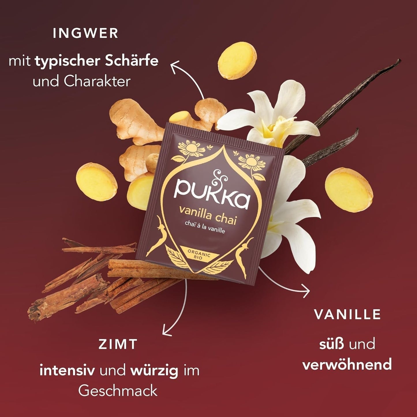 Pukka | Mezcla de tés aromatizados orgánicos "Vanilla Chai" | Canela, jengibre y vainilla | Tea for a treat with natural sweetness | Paquete de 1 | 20 bolsitas de té