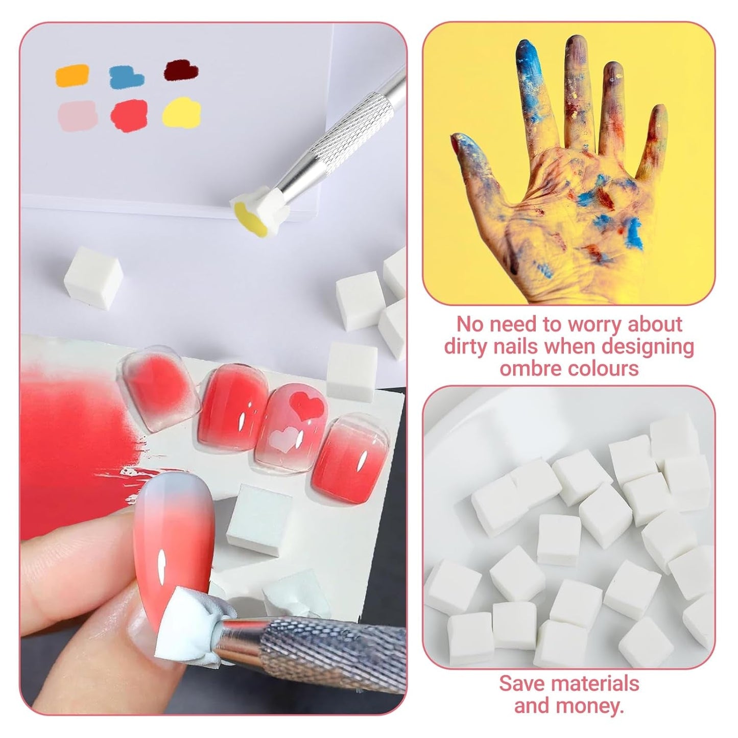 Nägel Selber Machen,Nageldesign-Hilfsmittel,100 piezas Nail Art Schwämme con metallgreifer, Schwammpinsel y esponja aplicador de cepillo para diseños de gradiente Nail Art