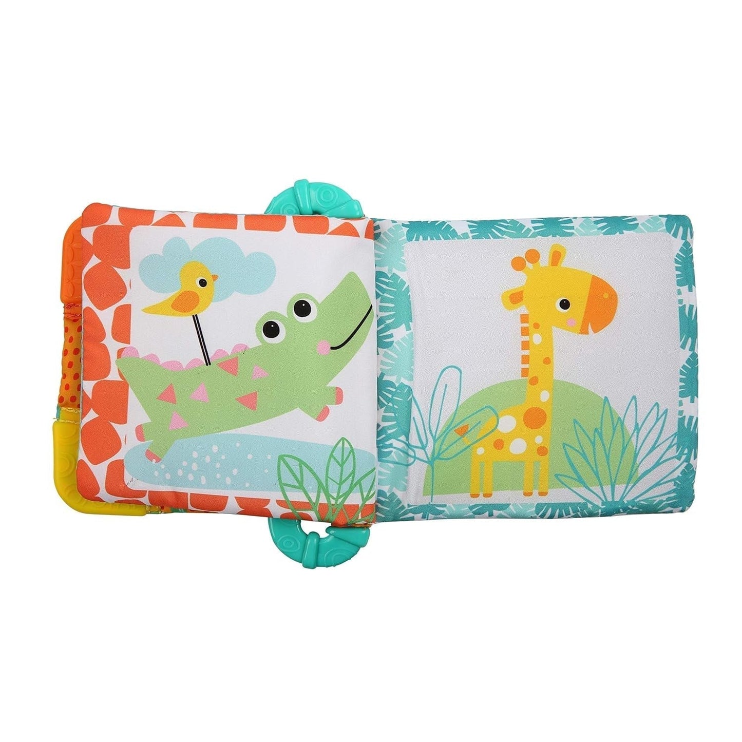 Bright Starts, Teethe & Read, Sonajero Libro de Tela Juguete para Agarrar y Tela Libro de Imágenes de Animales, Libro de Sonajero, Anillo para la Dentición, Gomas Calmantes, Juguete para Bebés y Niños Pequeños 3 Meses Juguetes para Bebés Naty Shop