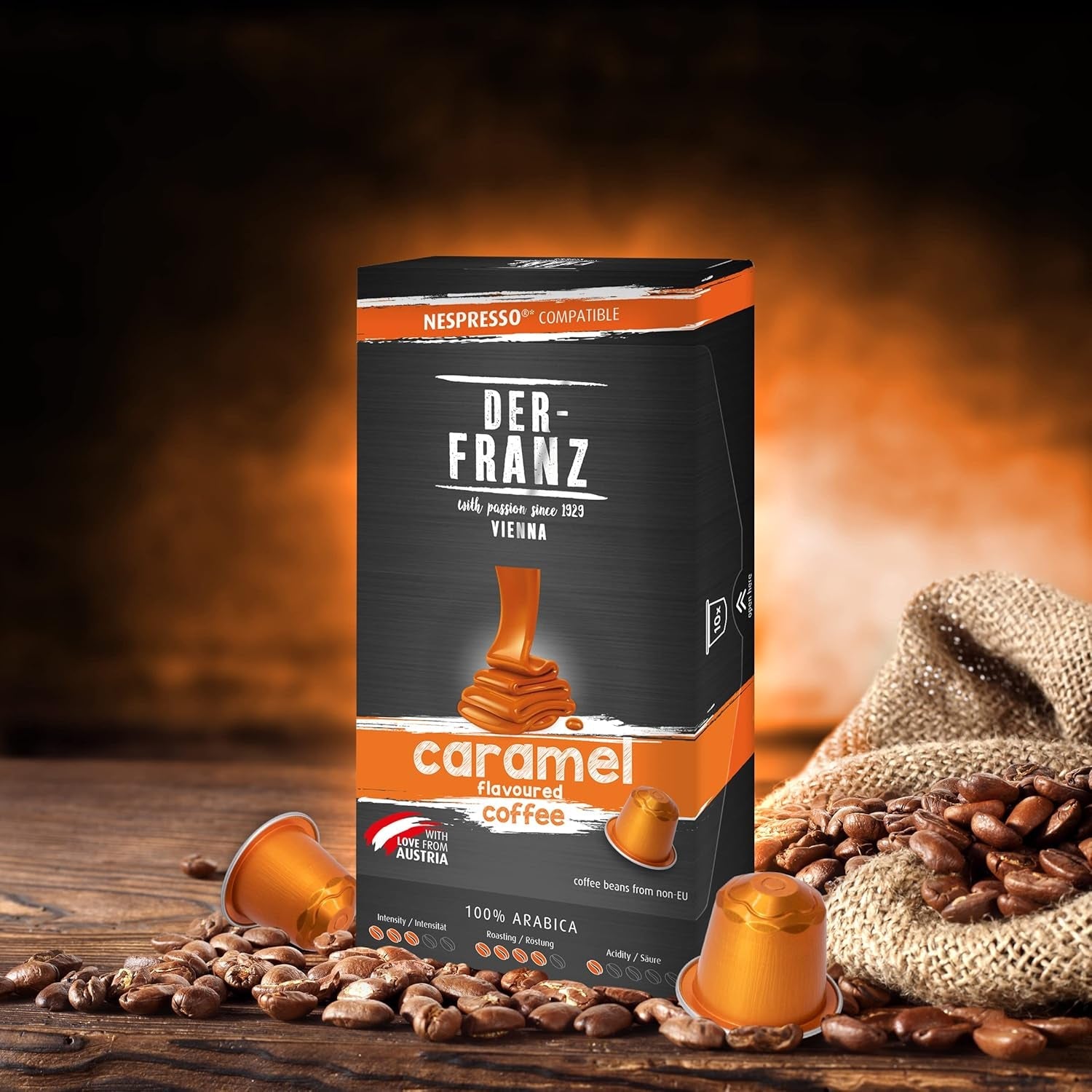 Der-Franz Cápsulas de Café Compatibles con Nespresso, 6 x 10 Cápsulas, Aroma a Caramelo, Tostado Medio