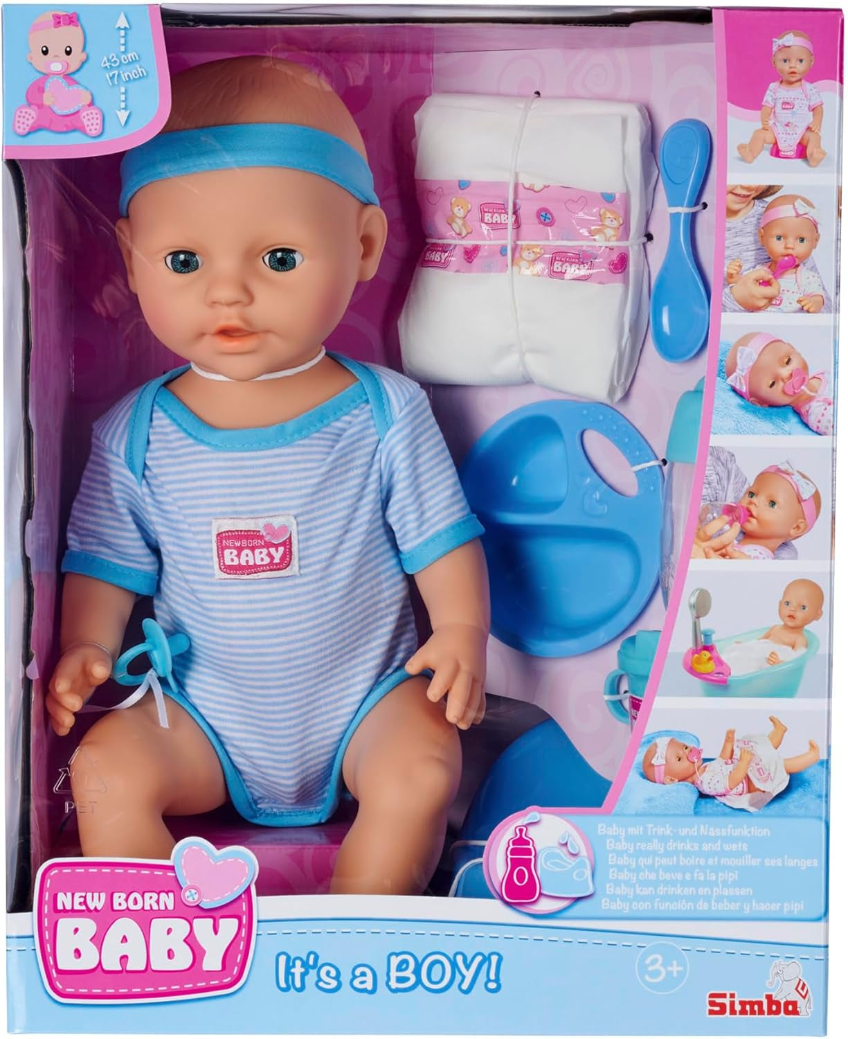 Simba 105030044 - Muñeco Recién Nacido - Niño, Muñeco Completo de Vinilo con Ojos para Dormir, Función para Beber y Mojar y Accesorios, 8 Piezas, 43cm, Muñeco Bebé, Edad 3+