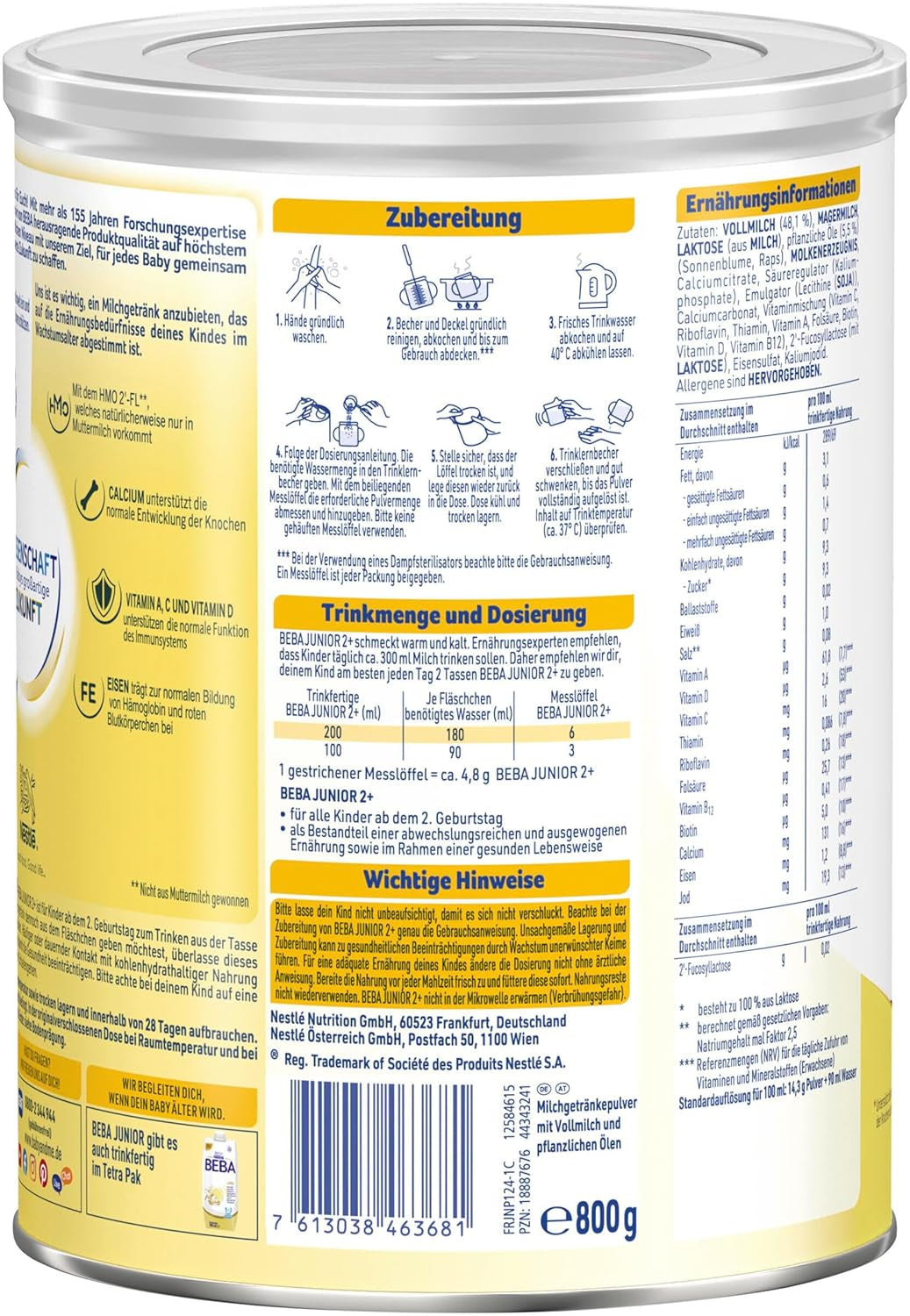 BEBA Junior 2+ bebida láctea a partir de 2 años, Con HMO, Contenido de proteínas apropiado para la edad, Solo lactosa, Sin aceite de palma, Sin aceite de pescado, Comida para niños pequeños, Leche en polvo para bebés, Paquete de 6 (6 x 800 g)