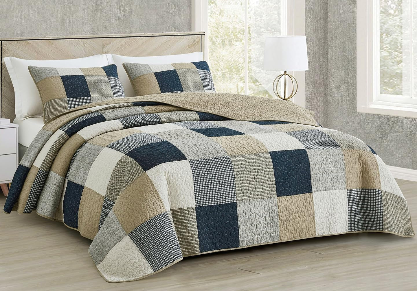 Colección Chezmoi Addy Juego de edredón de patchwork de algodón prelavado, ligero, reversible, para todas las estaciones, de gran tamaño, 3 piezas, color azul marino, blanco, gris, color topo, edredones y edredones a cuadros Naty Shop, patchwork cuadrado a cuadros, color topo, tamaño King