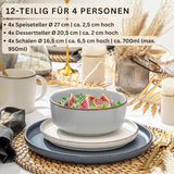 SÄNGER Bombay Luz de luna | Juego de vajilla de cerámica de 12 piezas para 4, 4 platos llanos, 4 platos de postre, 4 tazones, colores surtidos | LA COLECCIÓN DE VALOR
