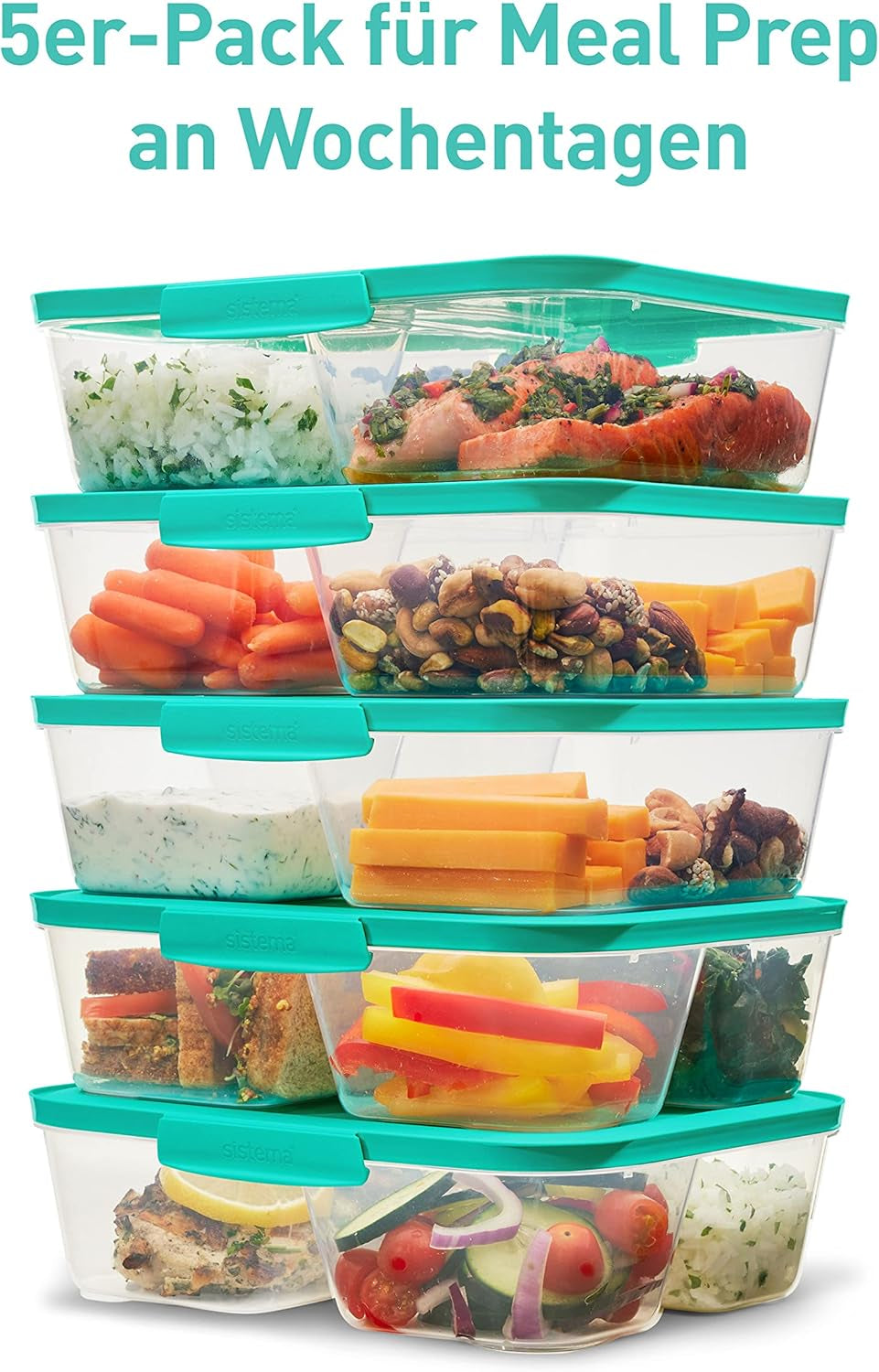 Contenedores de almacenamiento de alimentos con sistema Nest IT Cajas de preparación de comidas | Contenedores herméticos de almacenamiento de 1,9 litros con TRES compartimentos y tapas | Sin BPA | Verde | Cajas de almacenamiento de alimentos Naty Shop de 5 piezas
