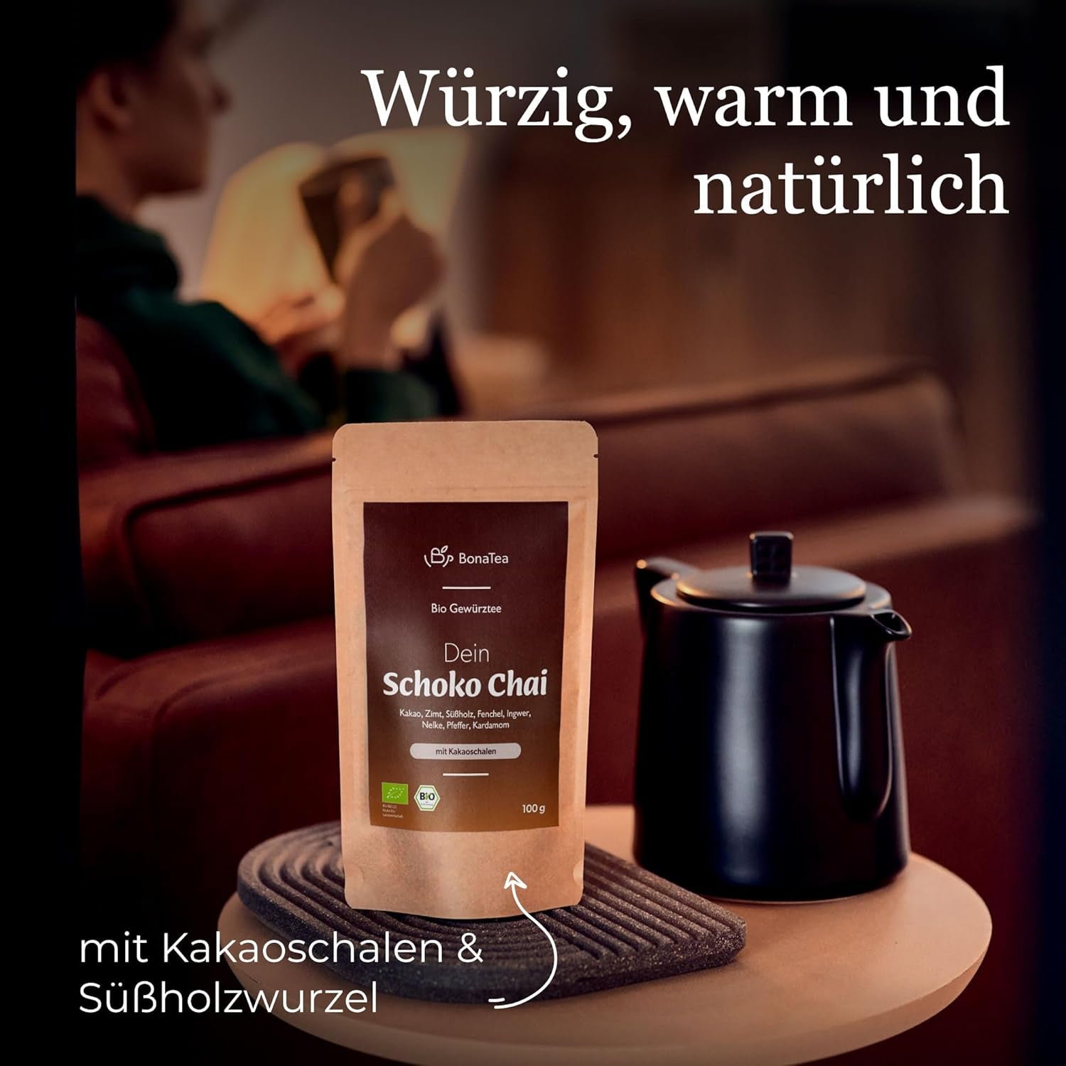 Té especiado BIO Schoko Chai sin azúcar, con vainas de cacao, canela, regaliz y otras especias aromáticas Chai, 100 g