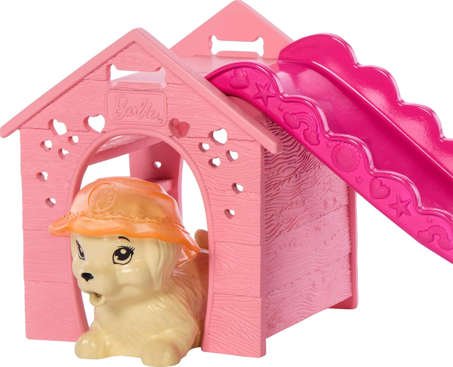 Barbie Puppy Pool Party Playset con muñeca de moda, casa para perros y tobogán, piscina con forma de corazón, 2 figuras de perros, 6 accesorios y cambiador de color, JBF35