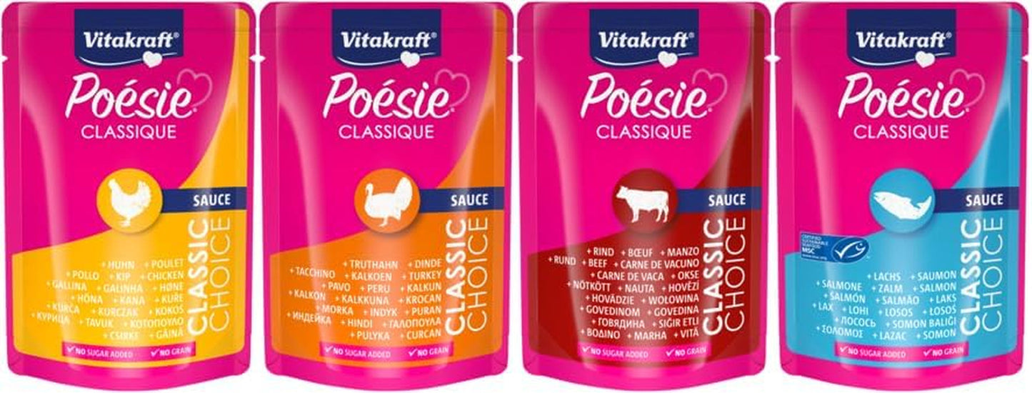 Vitakraft Poésie Classique, comida húmeda para gatos, comida para gatos en salsa, con pollo, con pavo, con ternera, con salmón, sin azúcares añadidos y cereales (1 paquete de 12 x 85g)