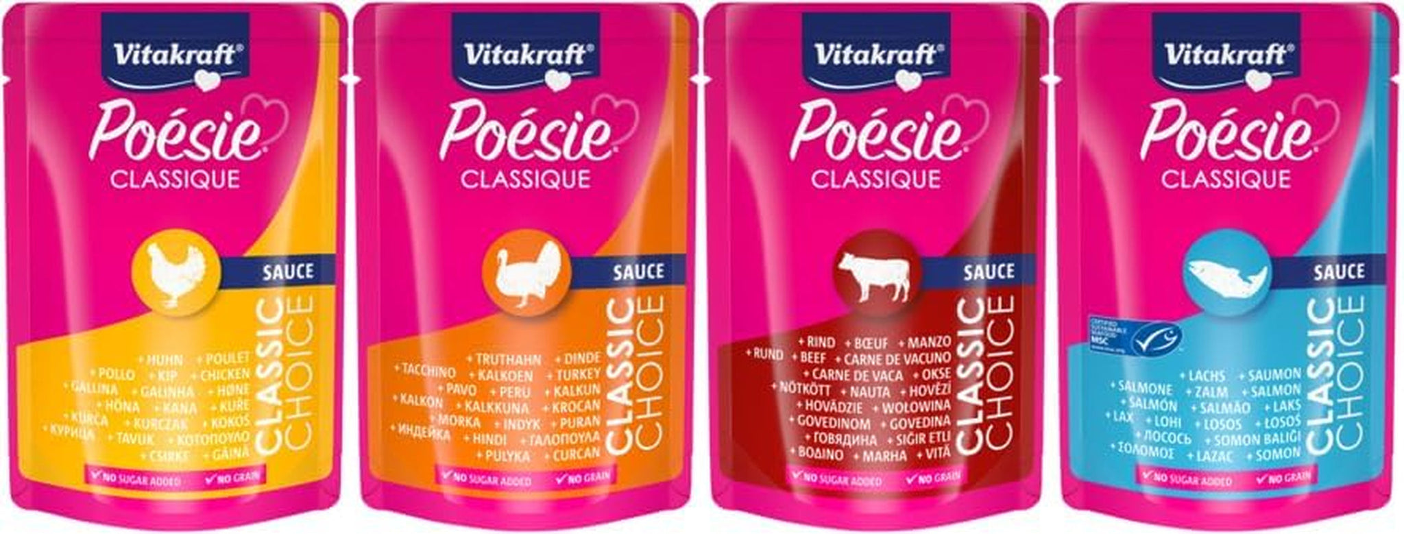 Vitakraft Poésie Classique, comida húmeda para gatos, comida para gatos en salsa, con pollo, con pavo, con ternera, con salmón, sin azúcares añadidos y cereales (1 paquete de 12 x 85g)