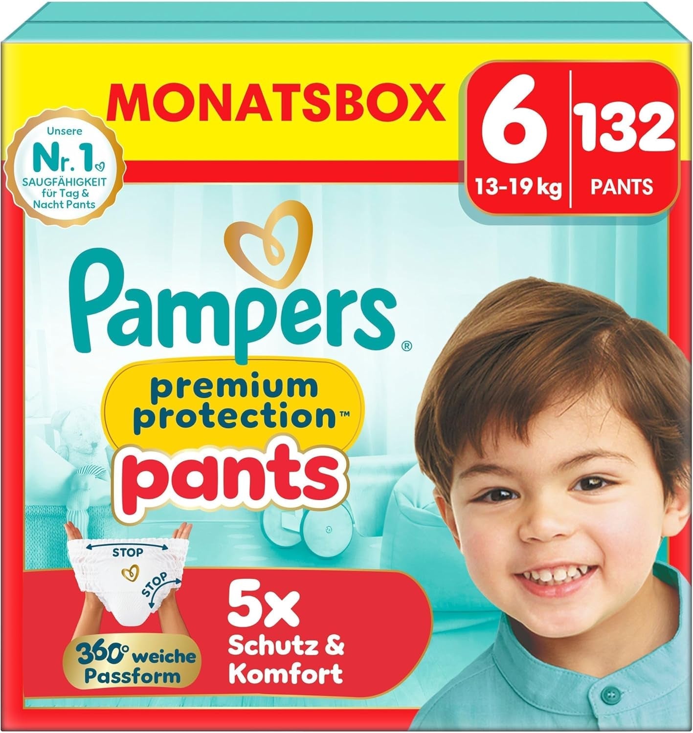 Pampers Premium Protection Pants Talla 7, 123 pañales, 15 kg+, con ajuste de 360° y puños suaves antifugas para una comodidad y protección óptimas