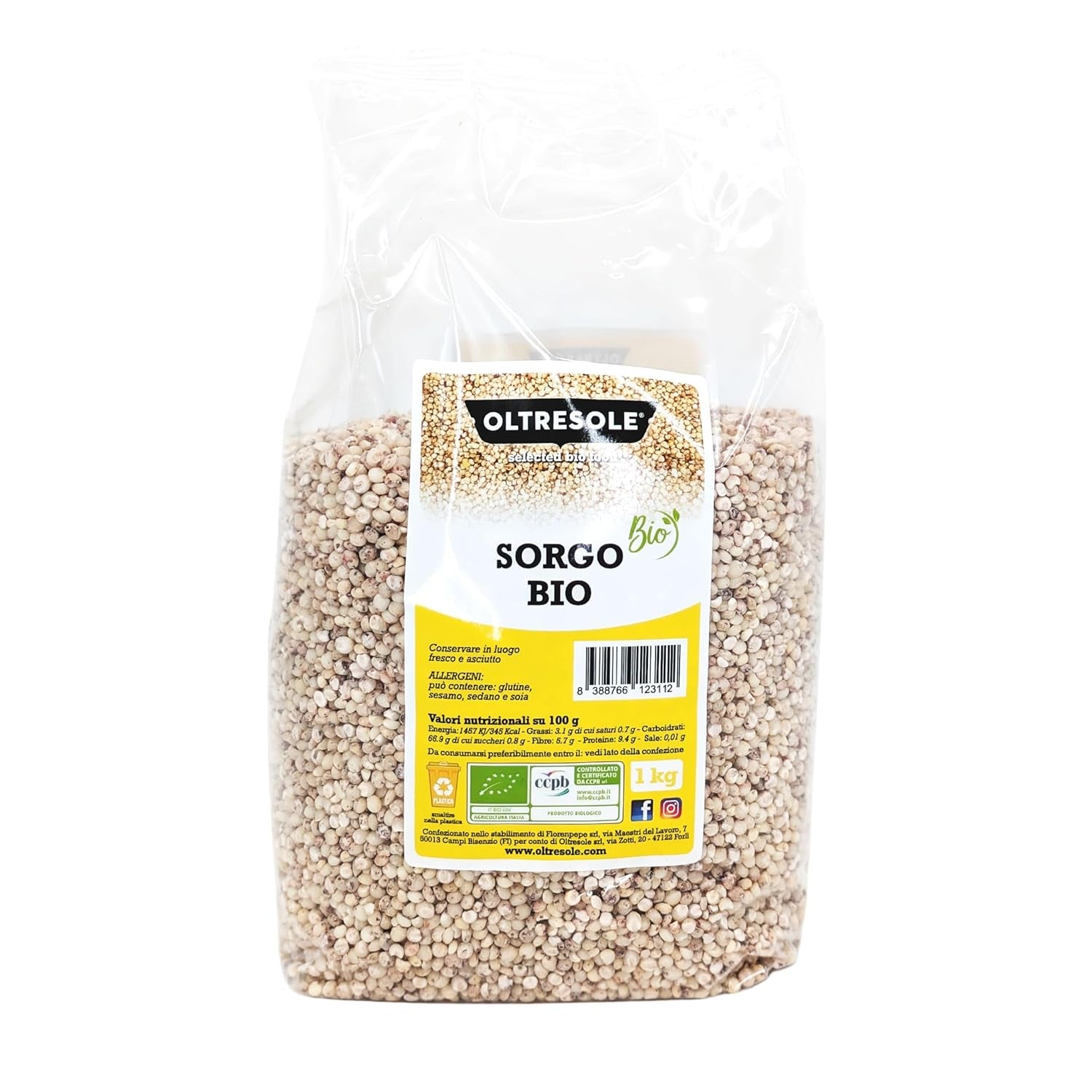 Sorgo blanco ecológico, 1 kg, sin cáscara, en grano crudo, cultivado ecológicamente en Italia, paquete ideal para la familia